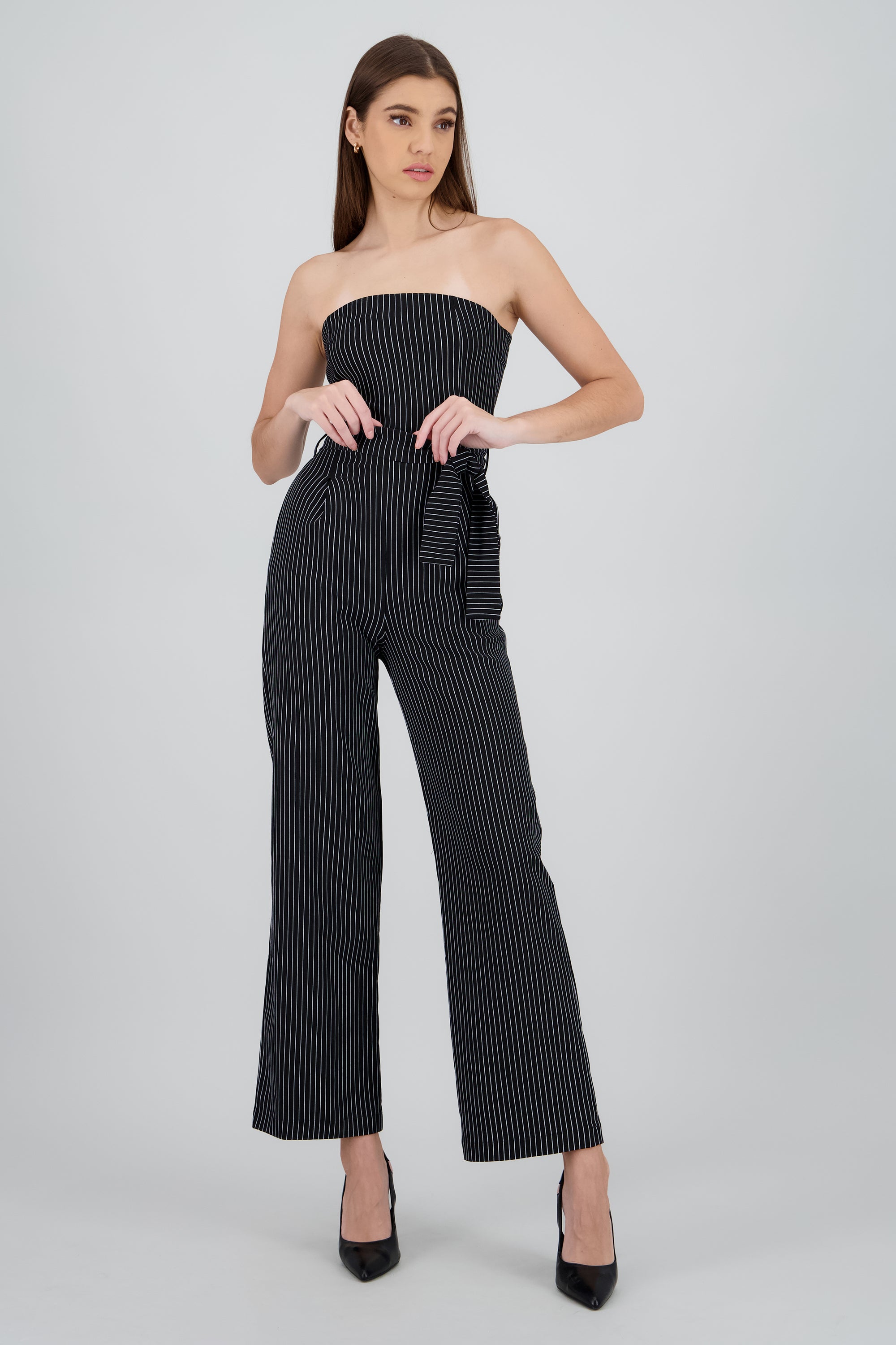 Jumpsuit strapples rayas detalle laso NEGRO COMBO