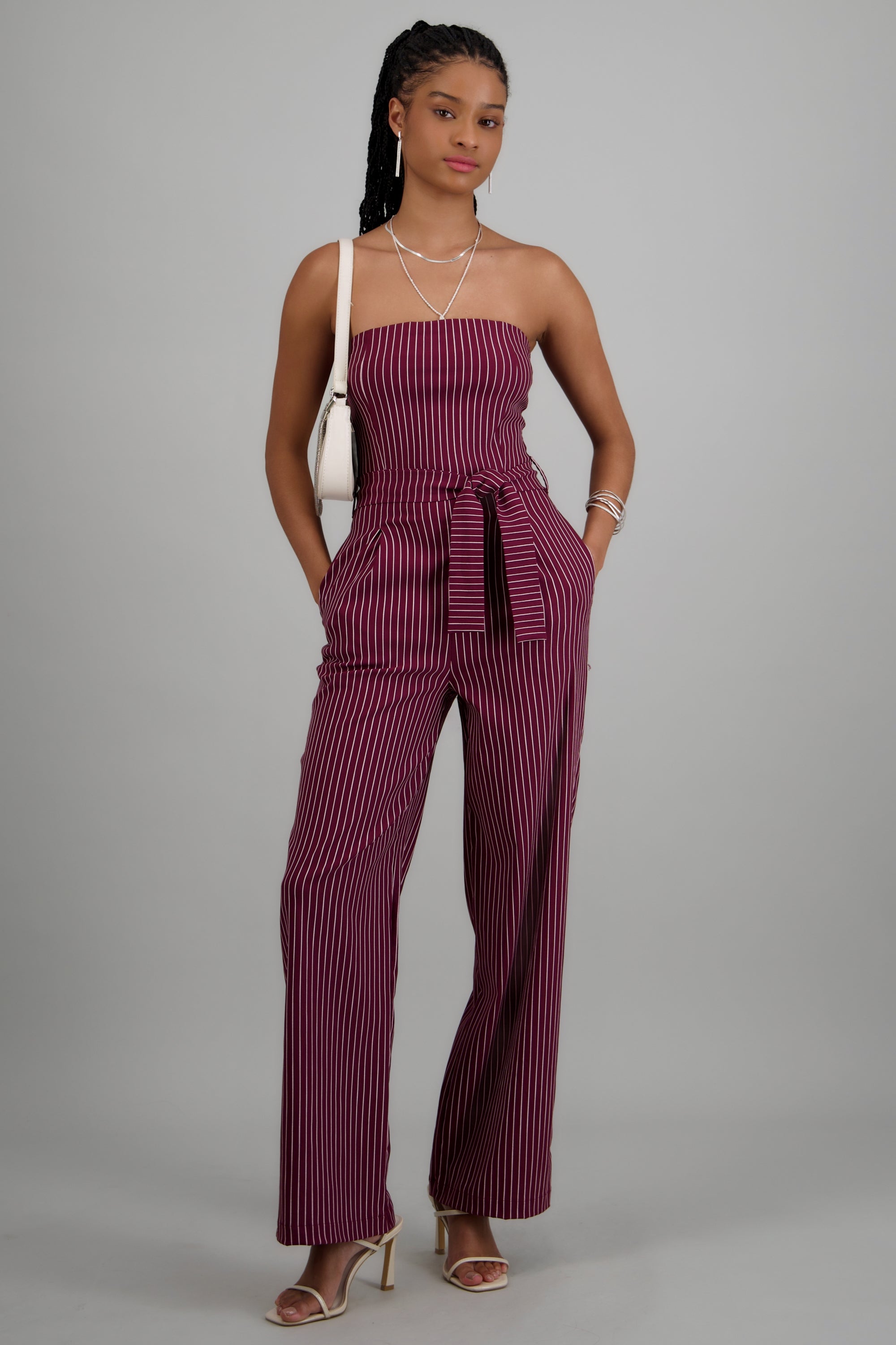 Jumpsuit strapless rayas detalle laso VINO