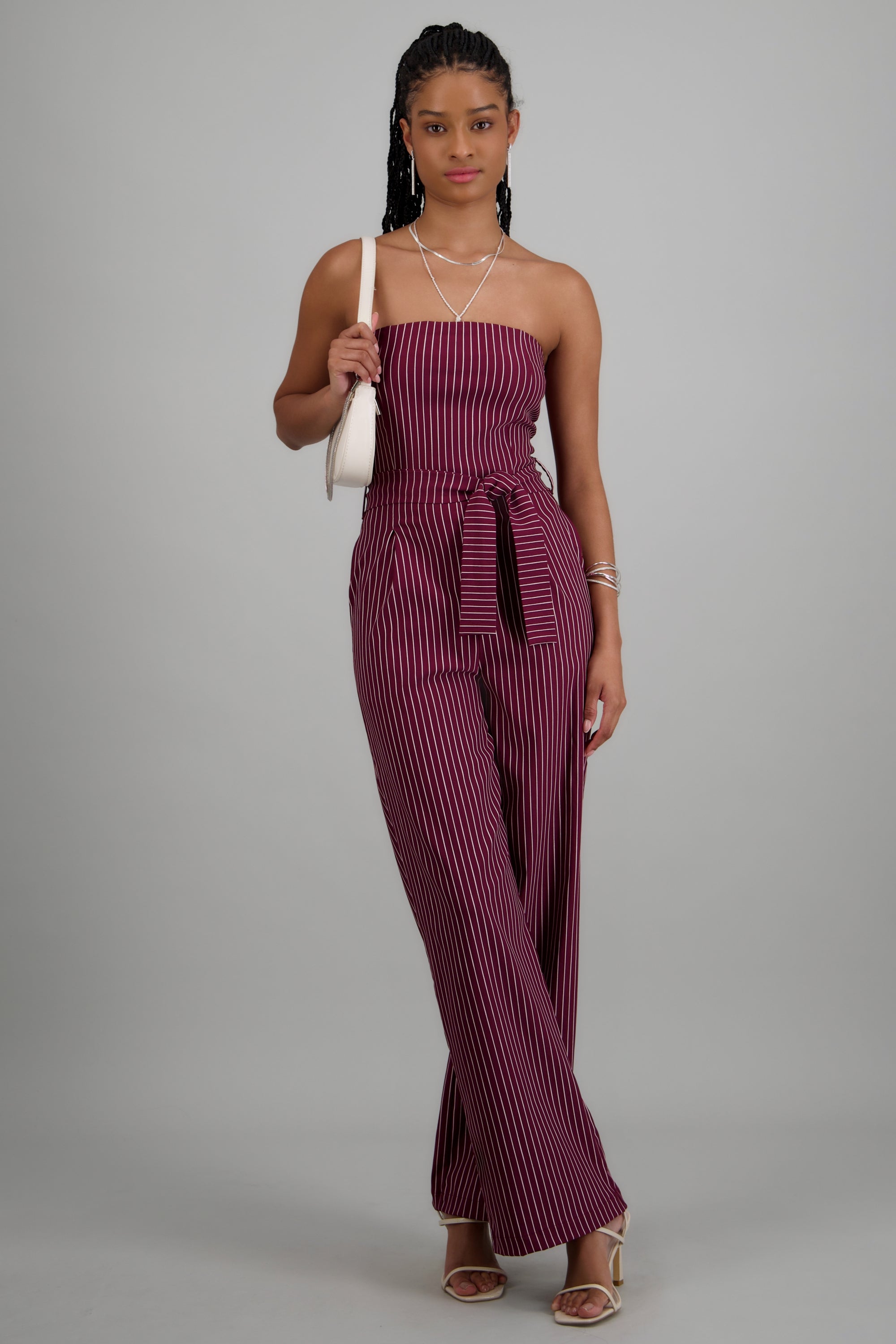 Jumpsuit strapless rayas detalle laso VINO