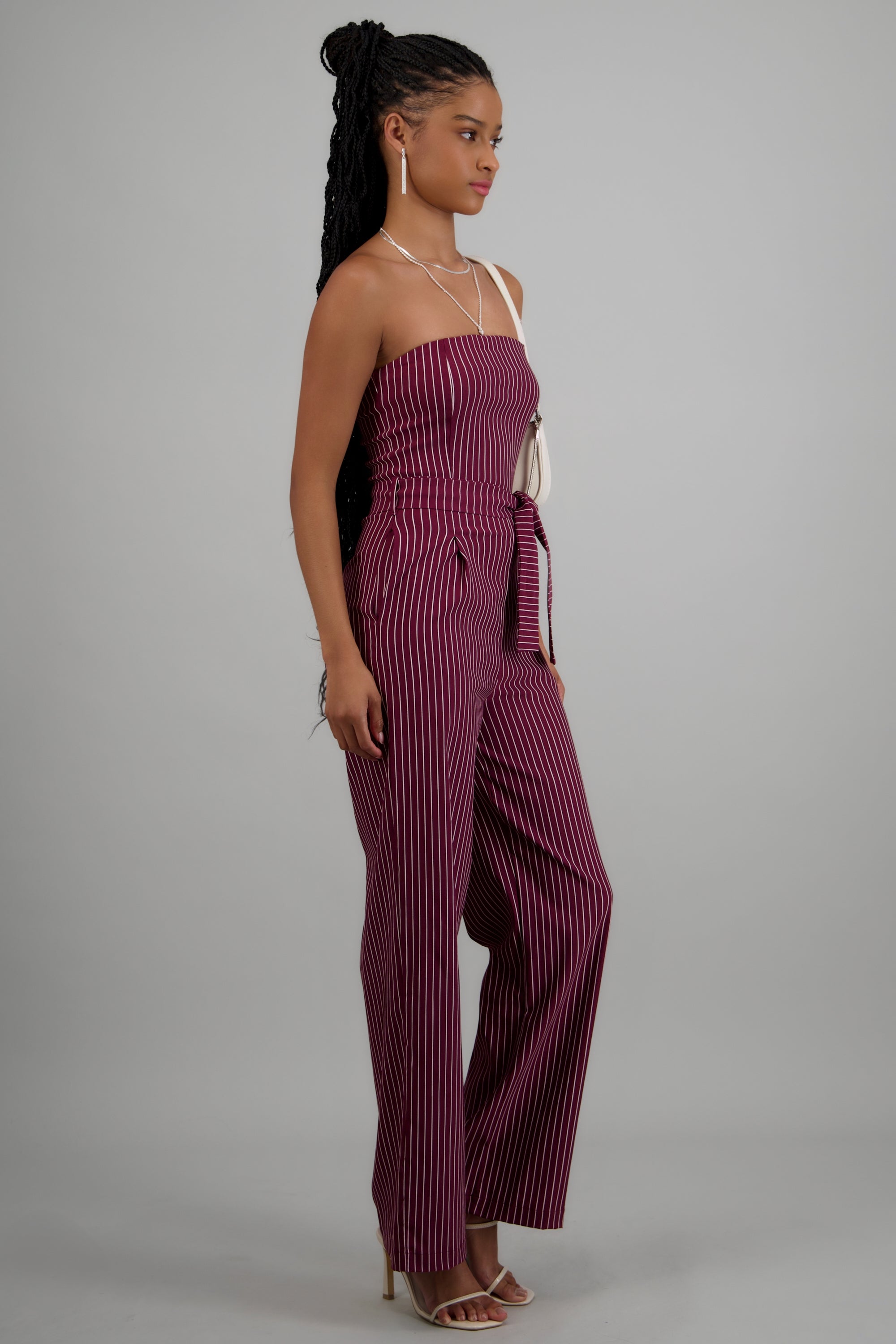 Jumpsuit strapless rayas detalle laso VINO