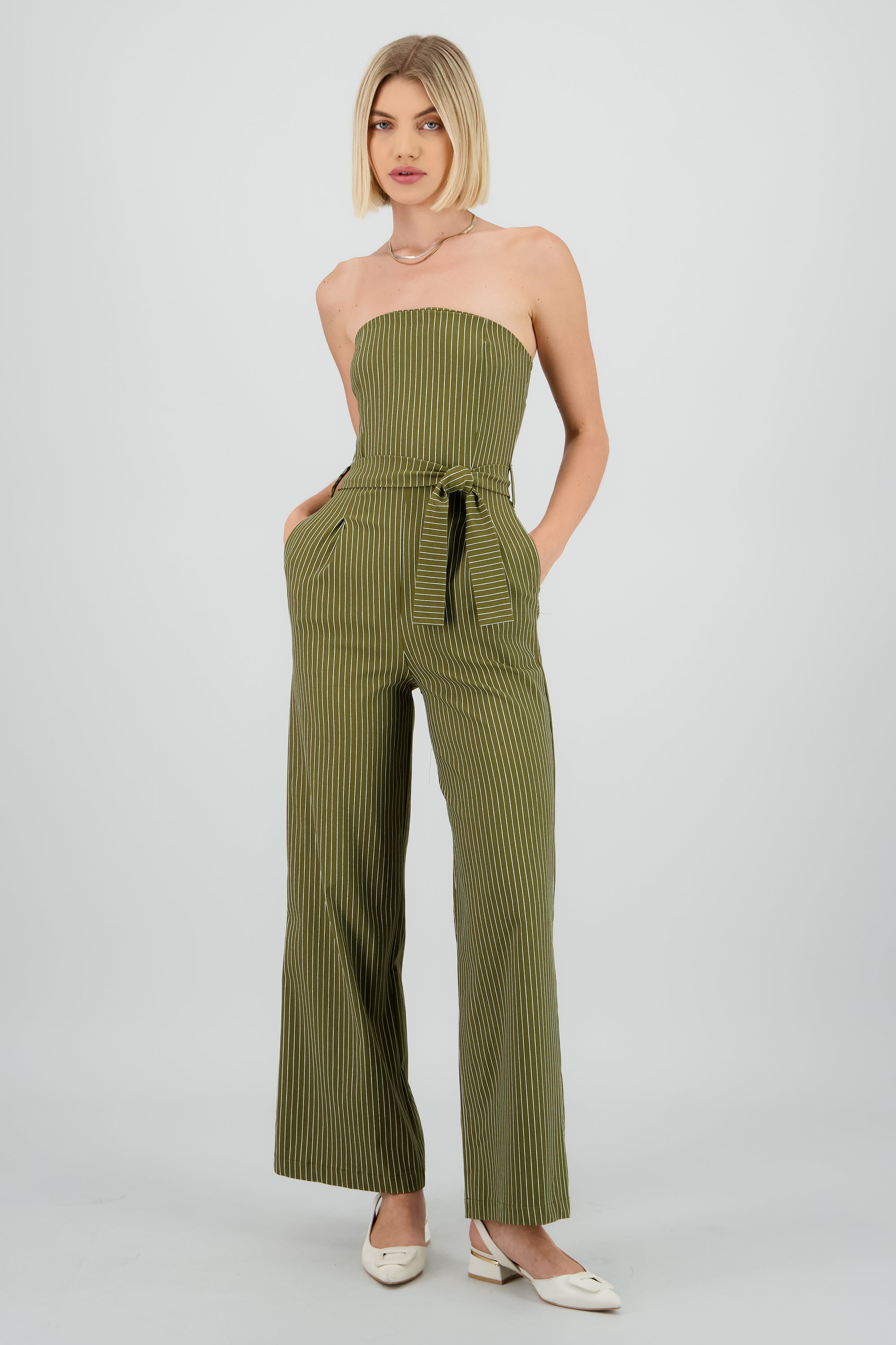 Jumpsuit strapples rayas detalle laso OLIVO