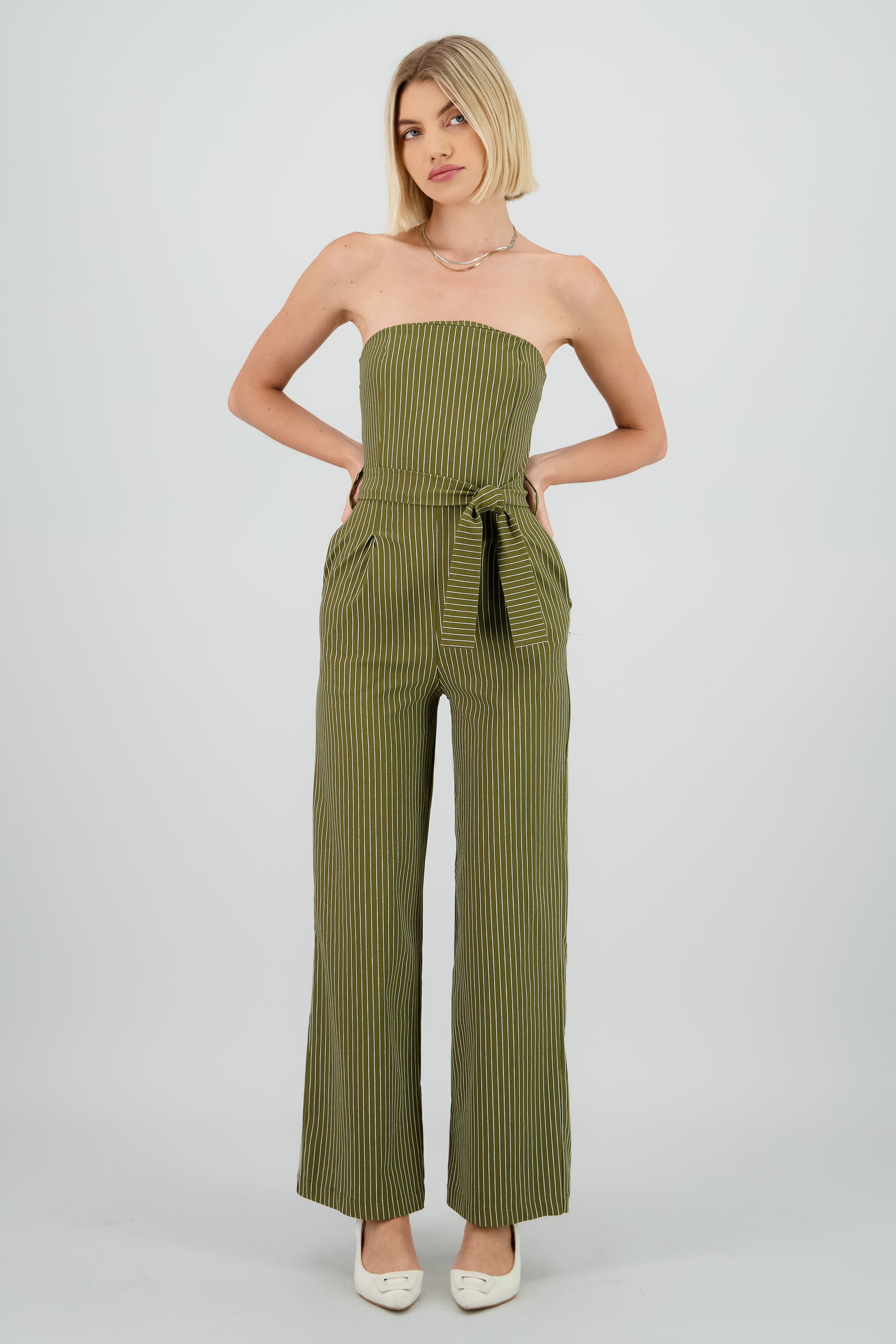 Jumpsuit strapples rayas detalle laso OLIVO