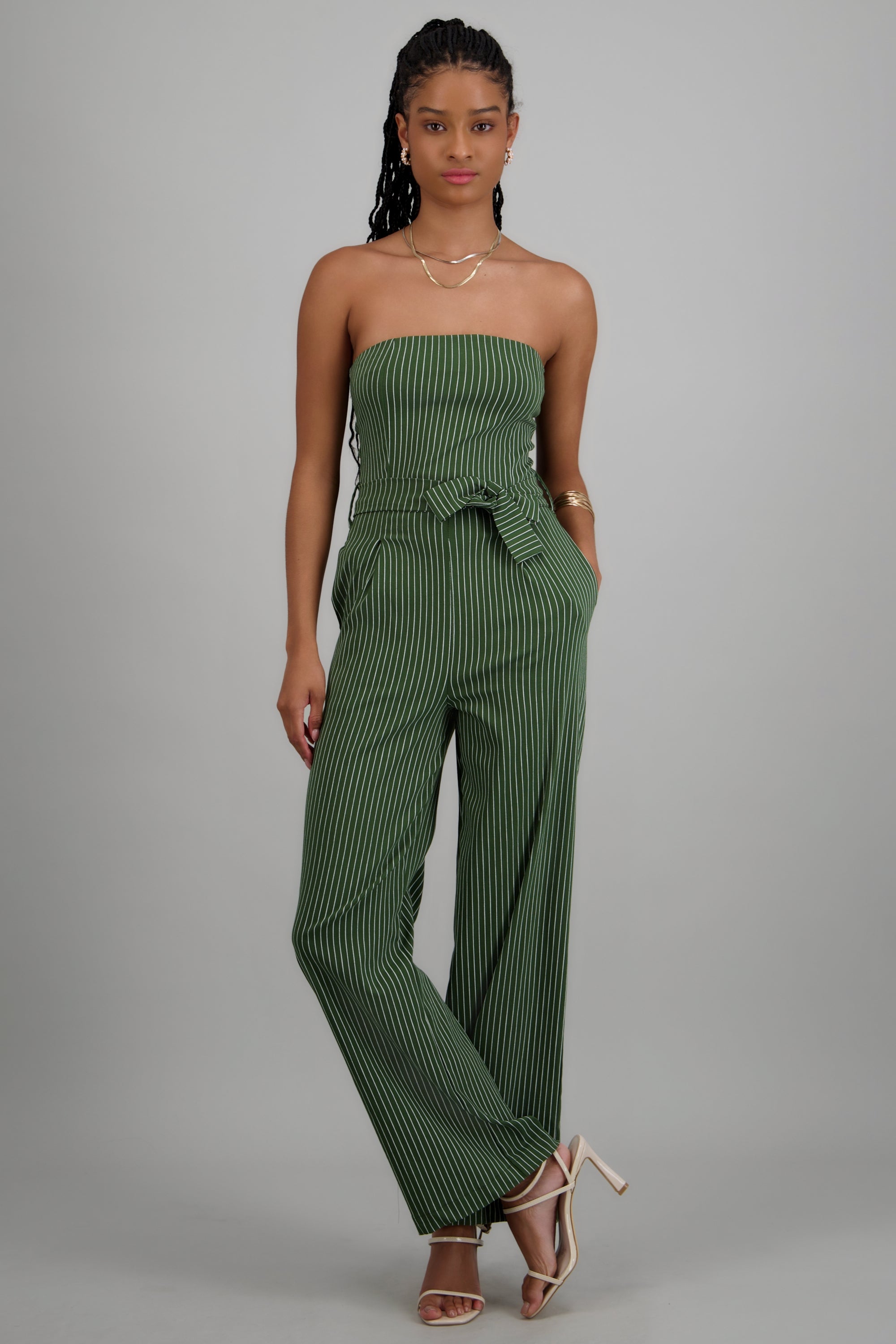 Jumpsuit strapless rayas detalle laso OLIVO COMBO