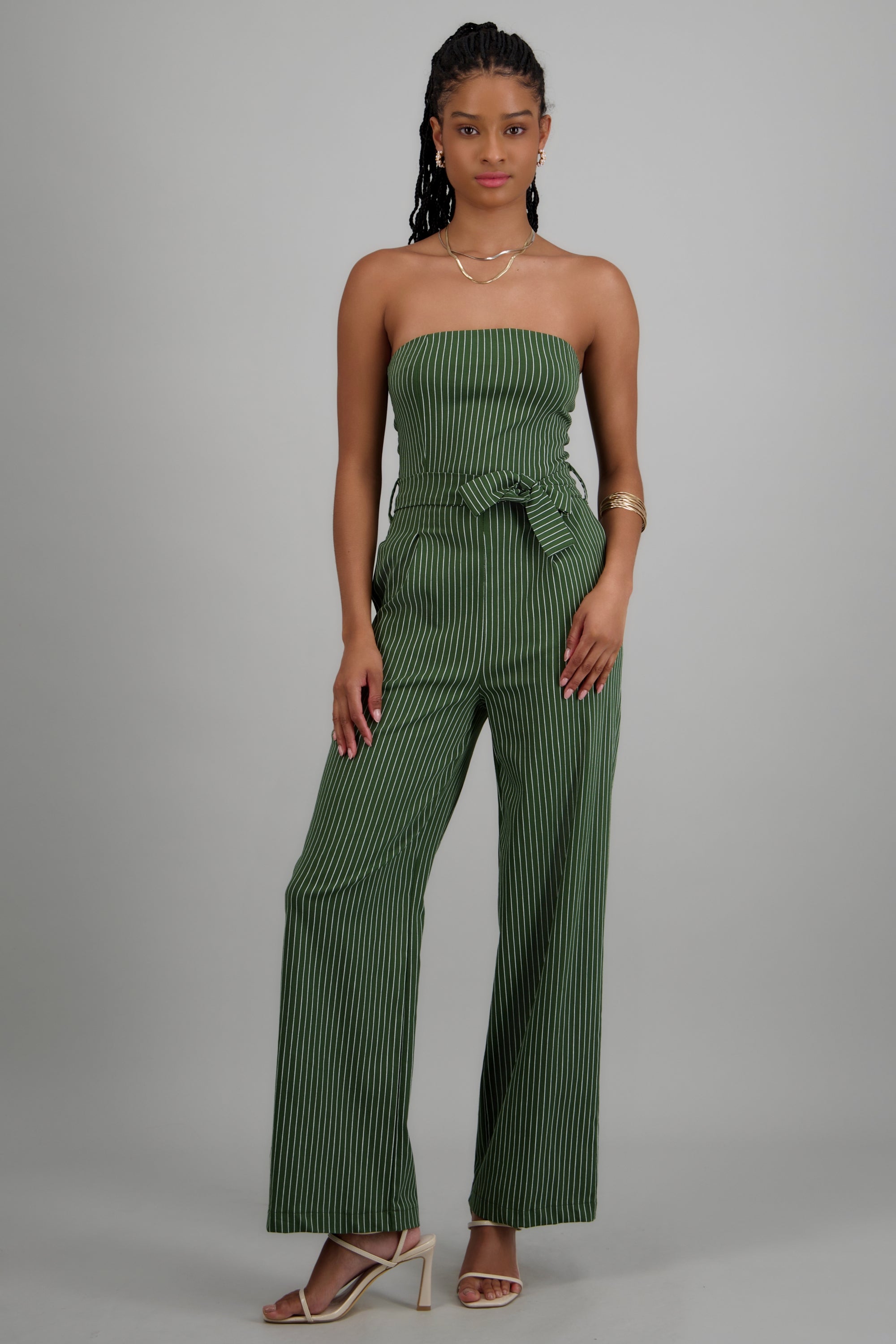 Jumpsuit strapless rayas detalle laso OLIVO COMBO