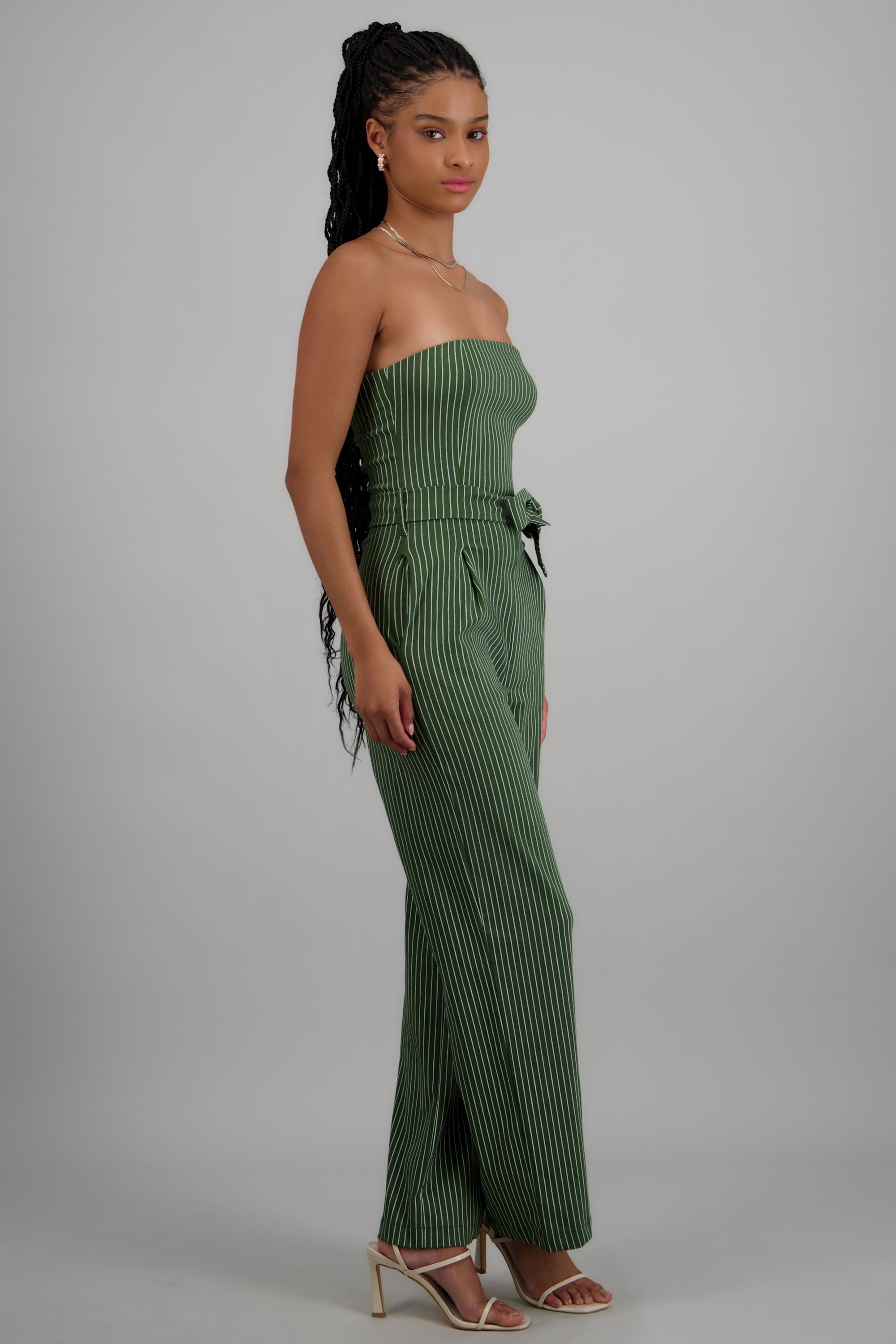 Jumpsuit strapless rayas detalle laso OLIVO COMBO