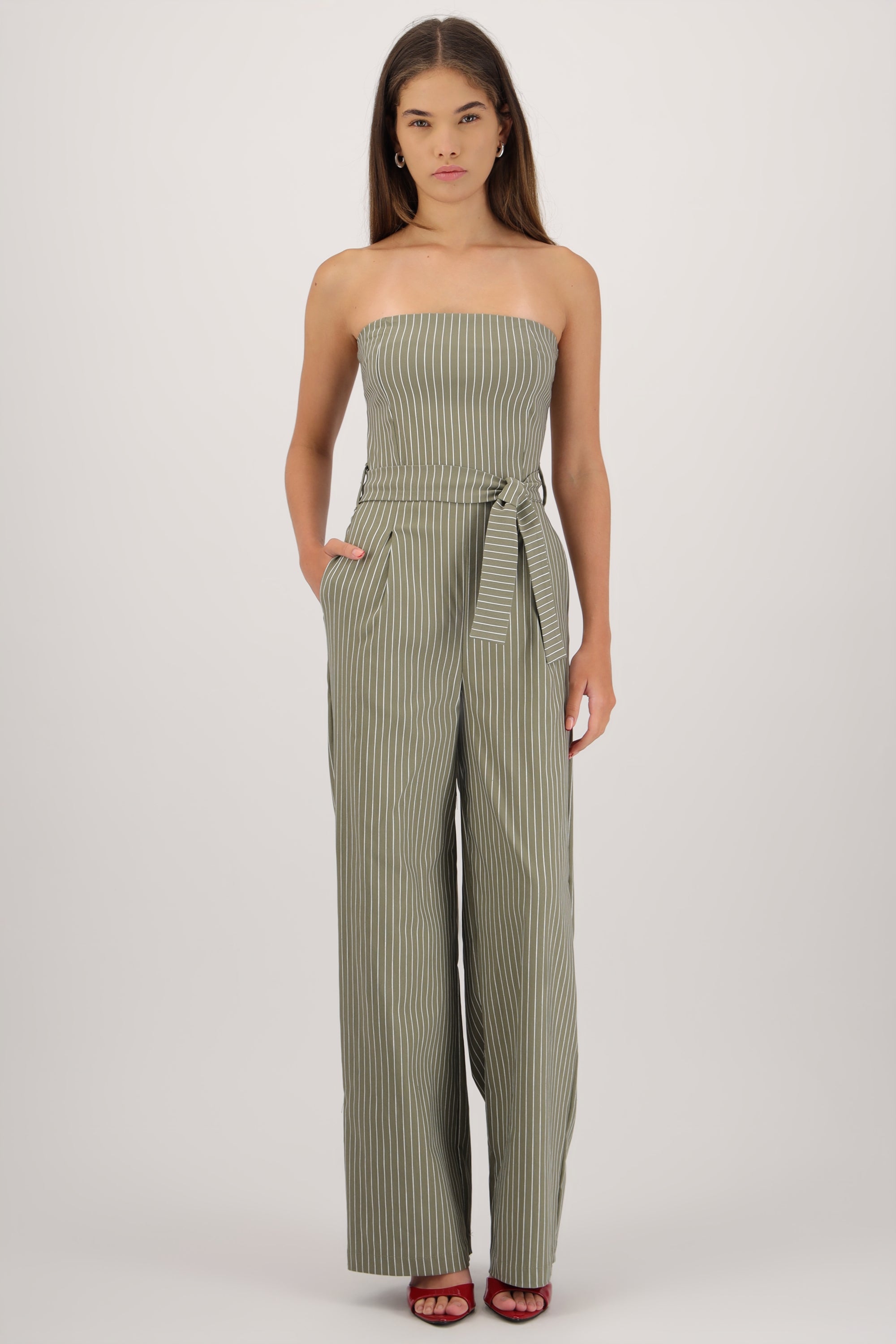 Jumpsuit strapless rayas detalle laso VERDE OBSCURO