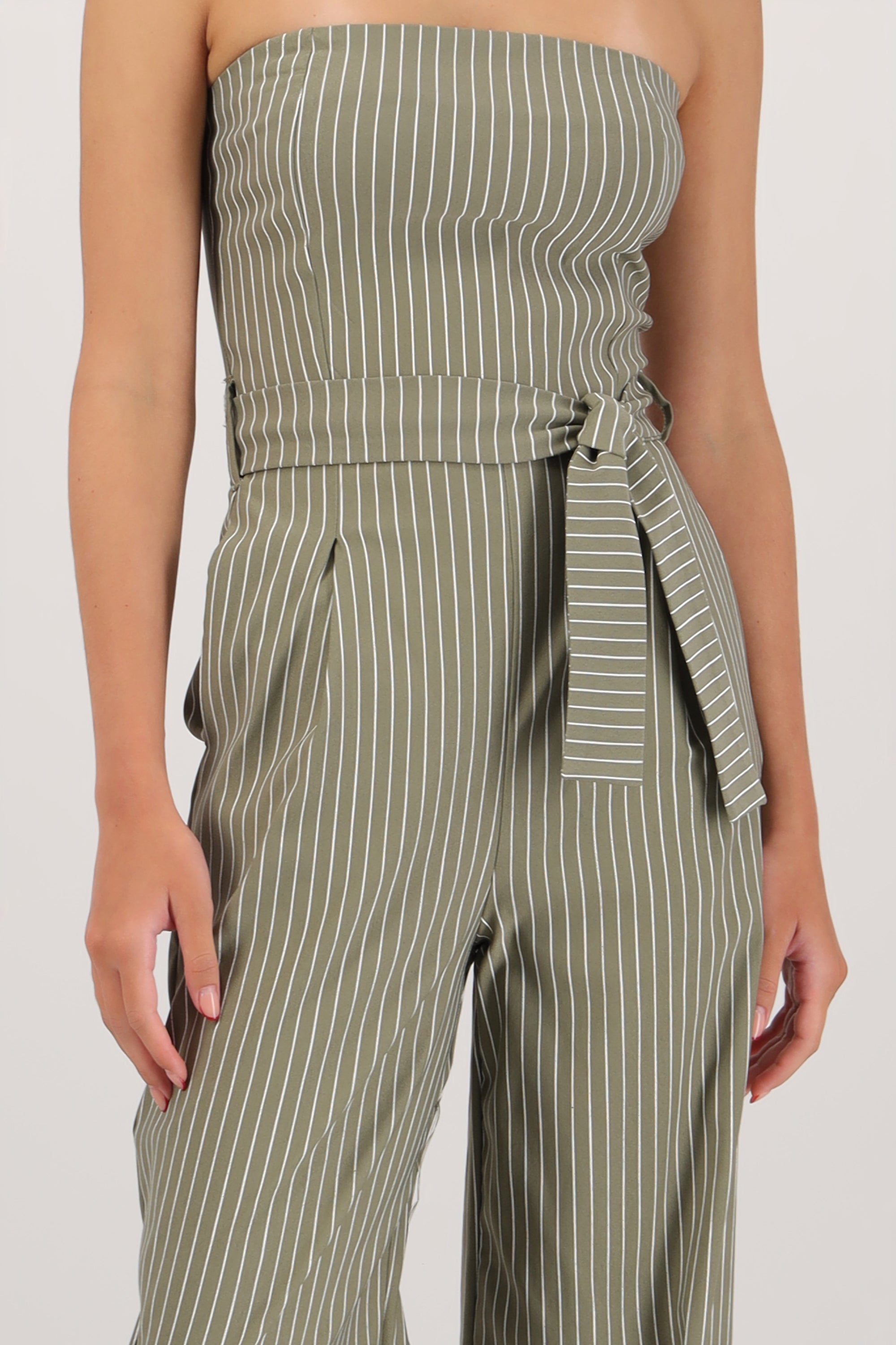 Jumpsuit strapless rayas detalle laso VERDE OBSCURO
