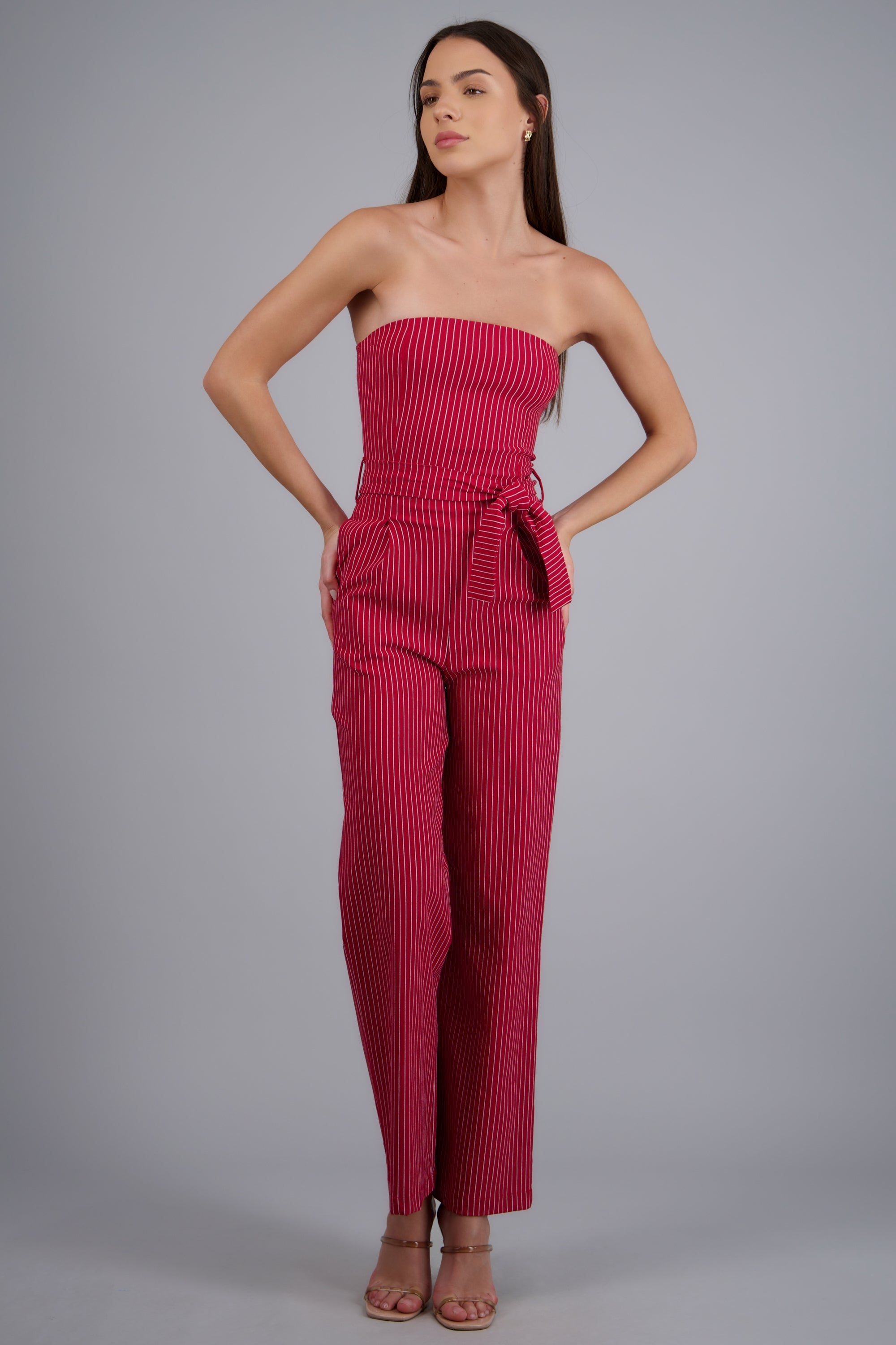 JUMPSUIT STRAPPLES RAYAS DET LASO ROJO TOMATE
