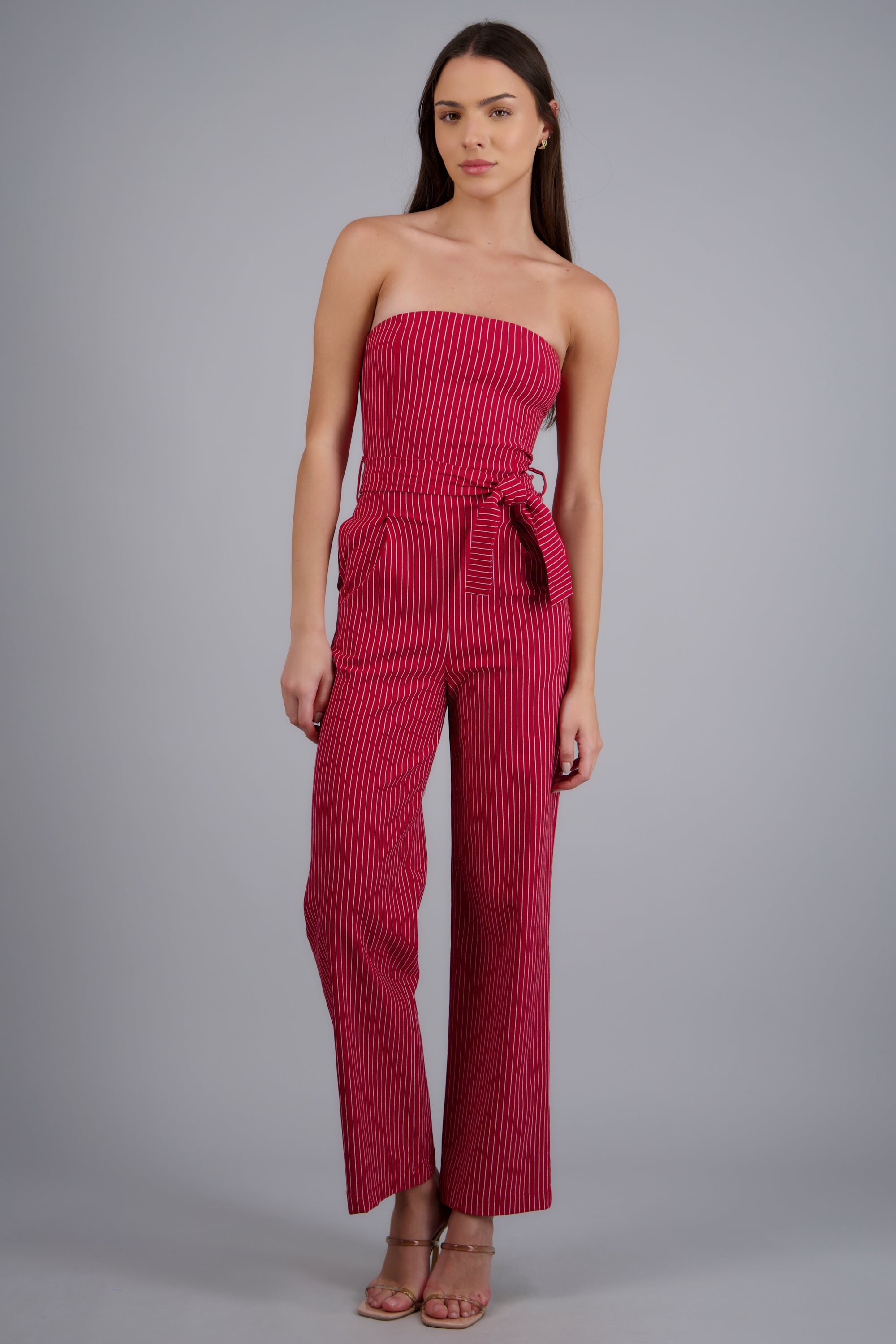 JUMPSUIT STRAPPLES RAYAS DET LASO ROJO TOMATE
