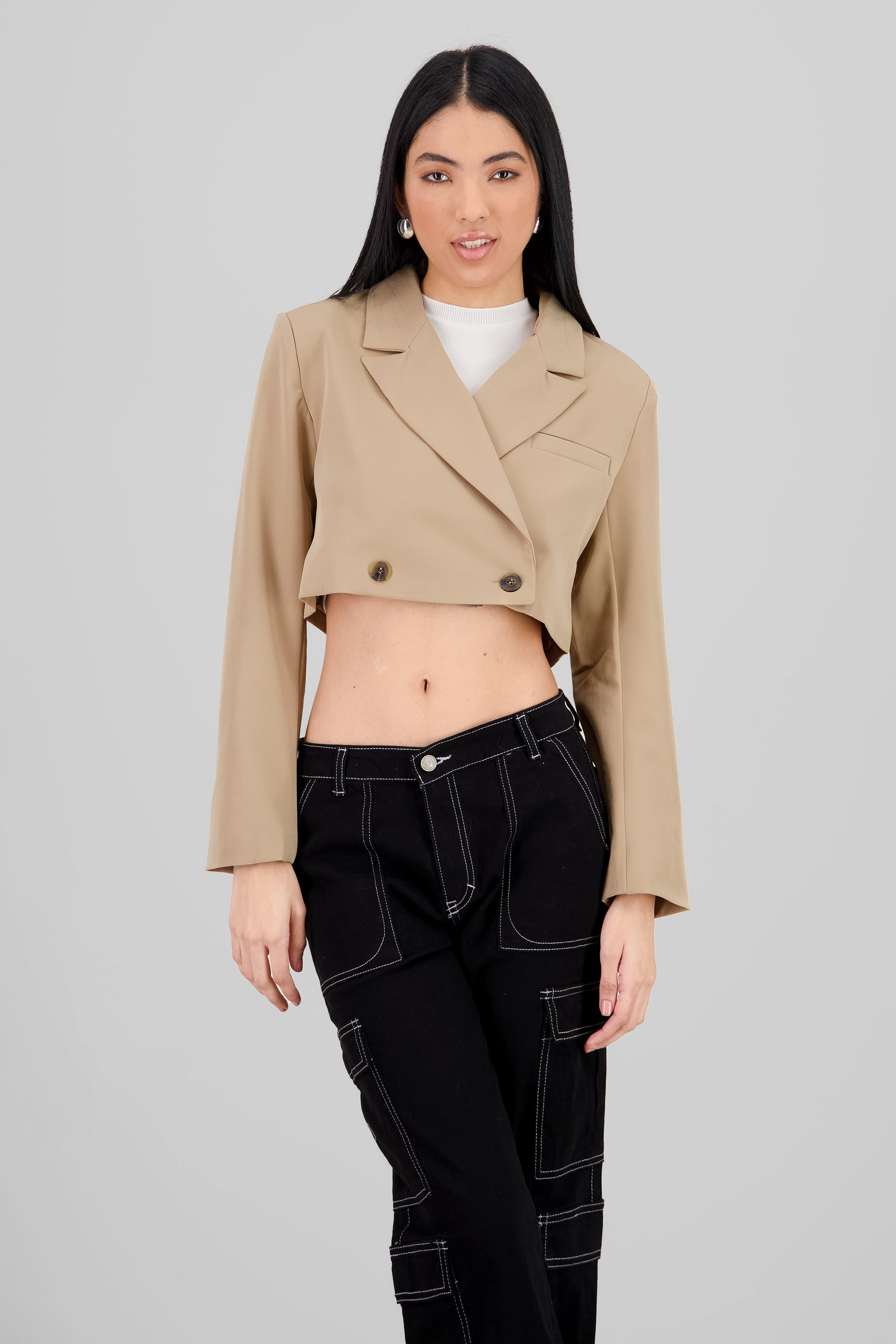 Blazer corto cruzado liso KHAKI