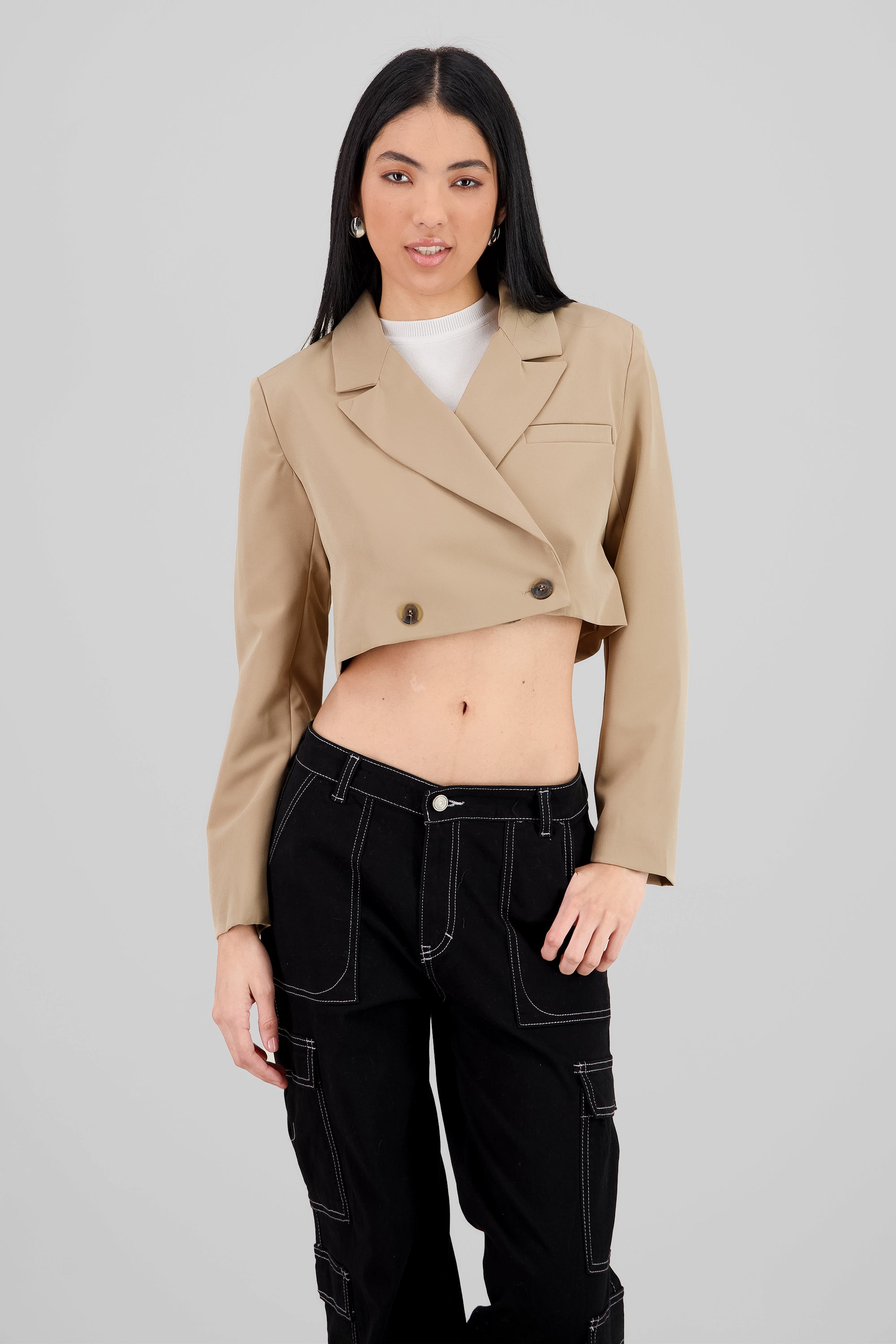 Blazer corto cruzado liso KHAKI