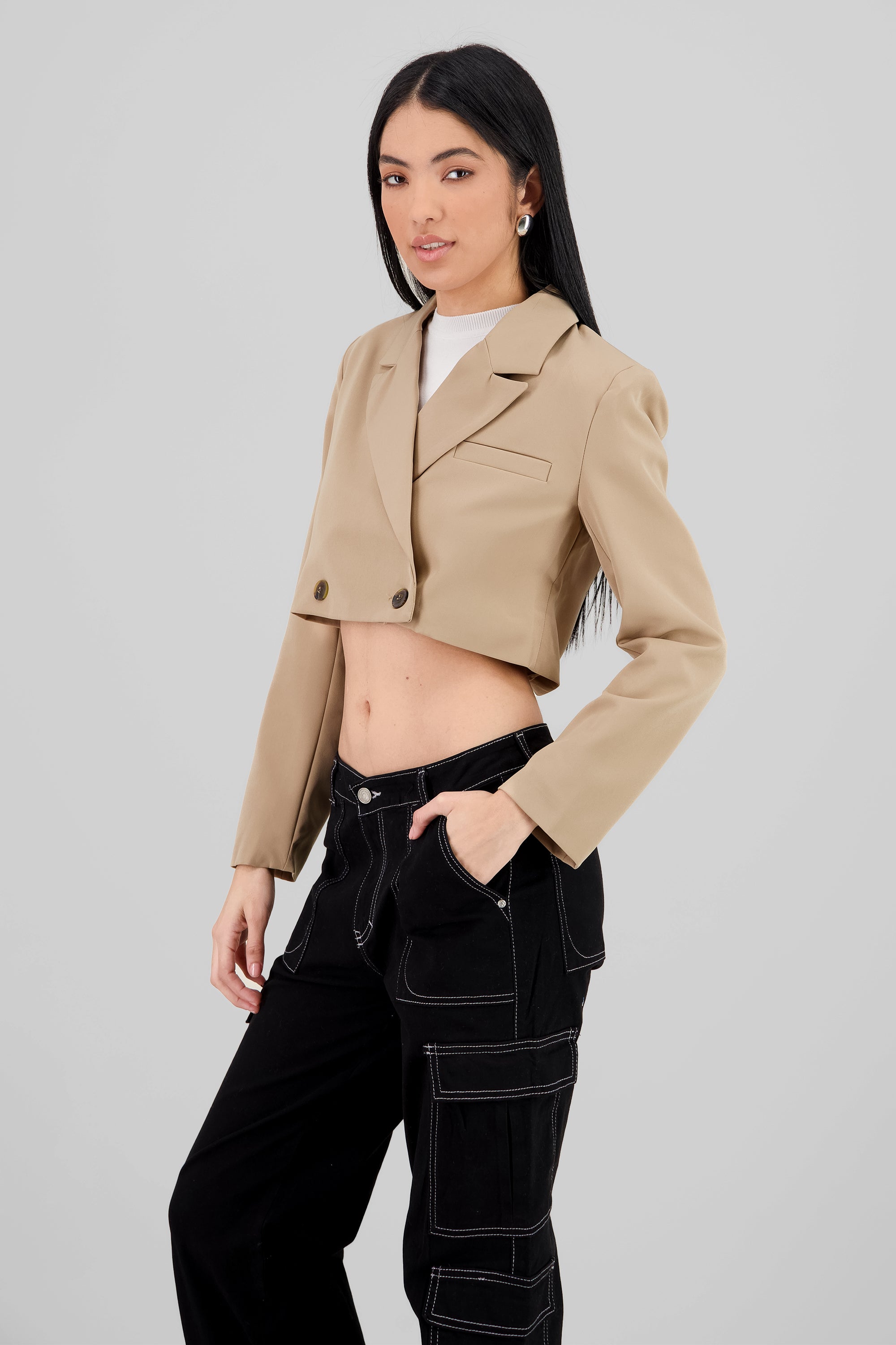 Blazer corto cruzado liso KHAKI