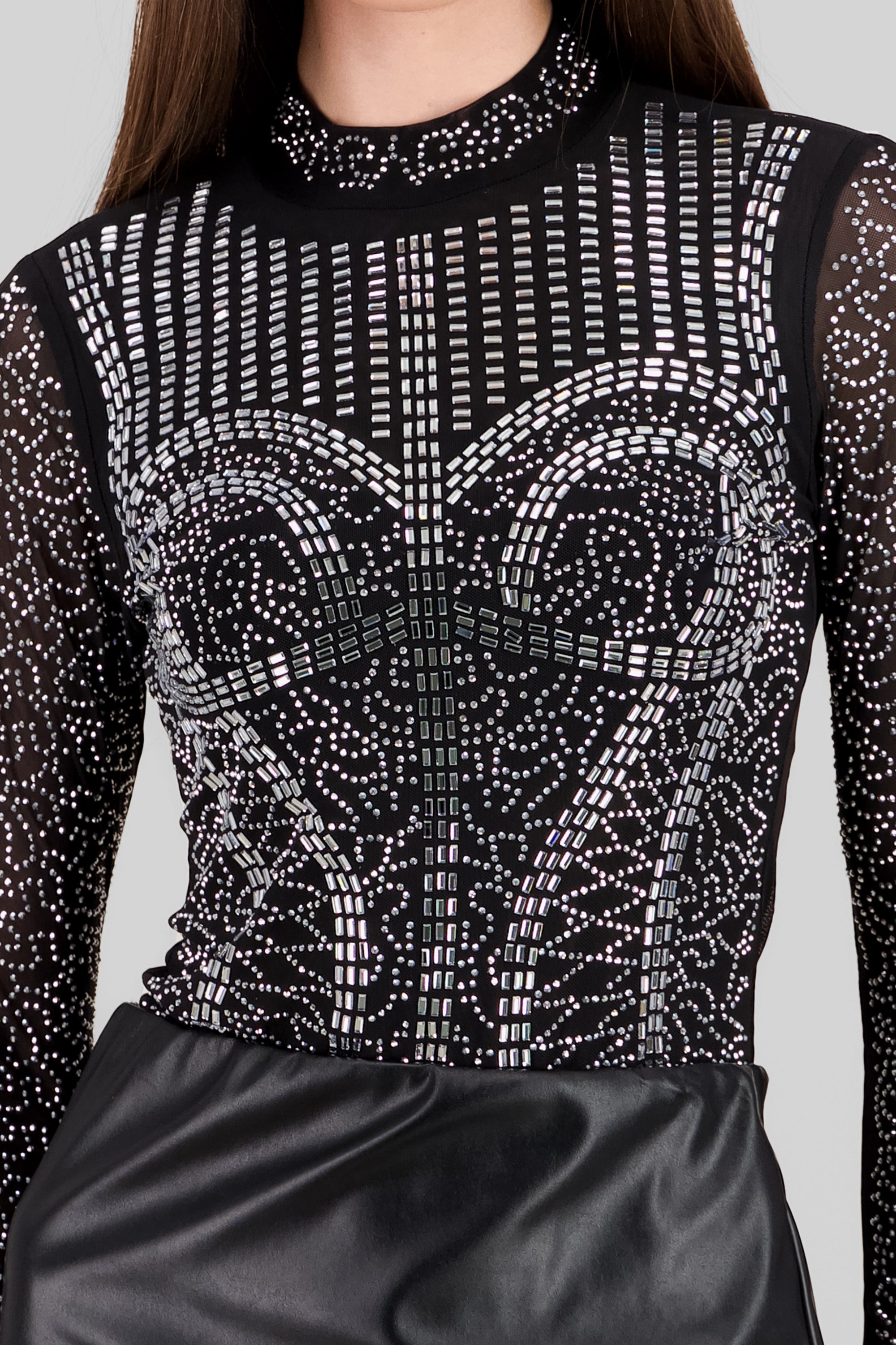 Bodysuit manga larga detalle corset brillos NEGRO