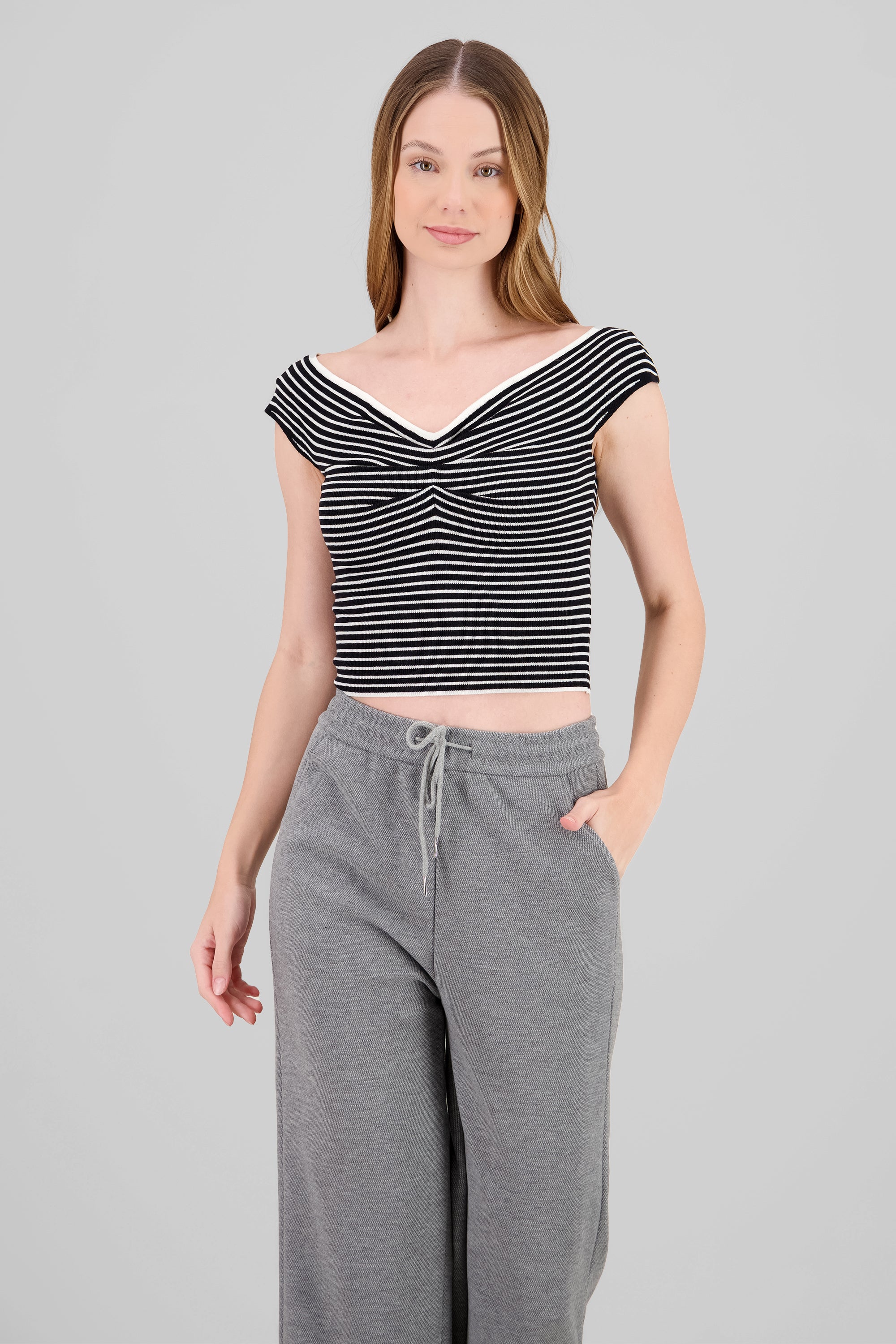 Top off shoulder detalle frunce BLANCO COMBO