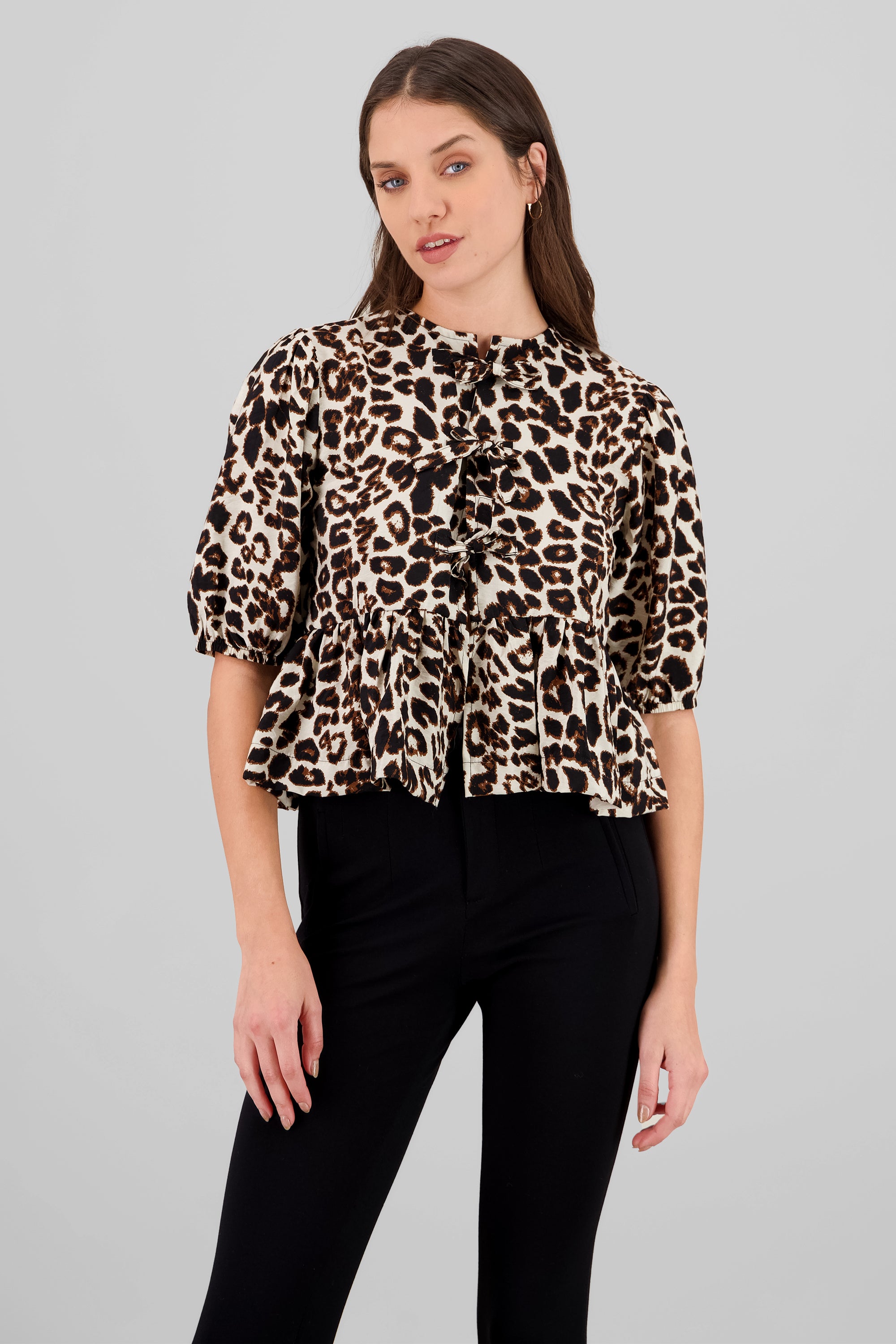 Blusa mangas abullonadas animal print KHAKI COMBO