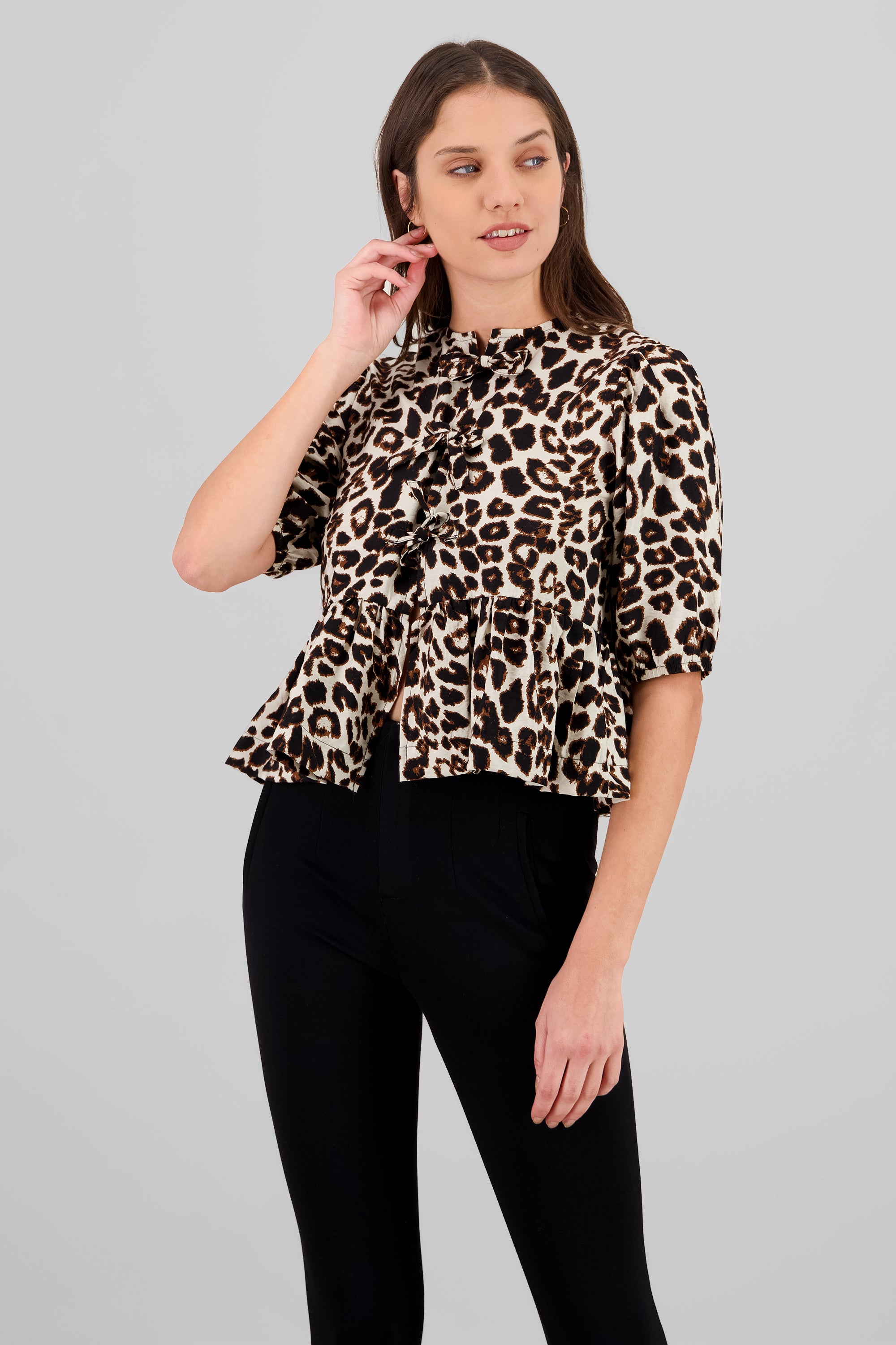 Blusa mangas abullonadas animal print KHAKI COMBO