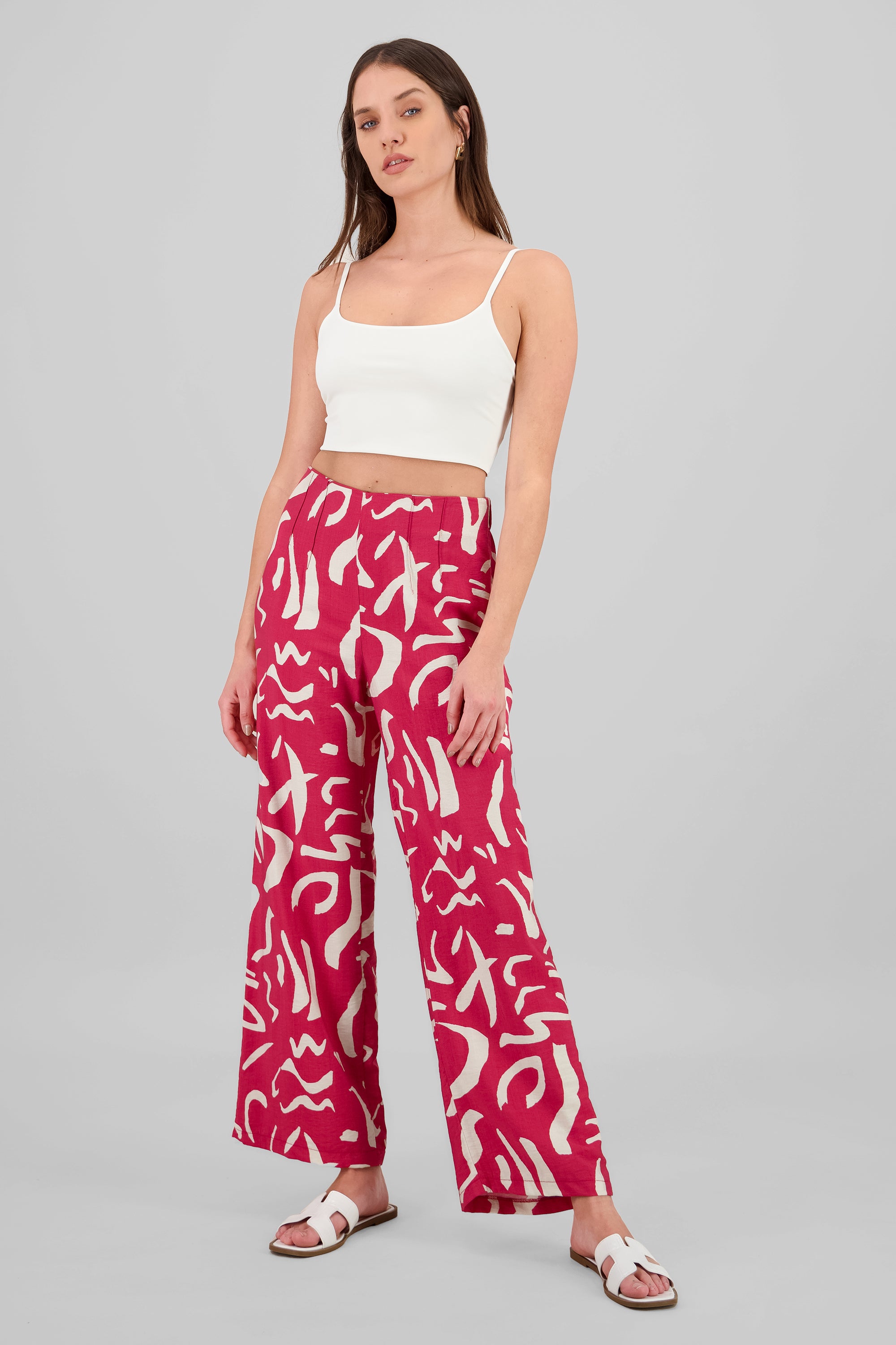 Pantalón wide leg estampado detalle pinzas ROJO COMBO