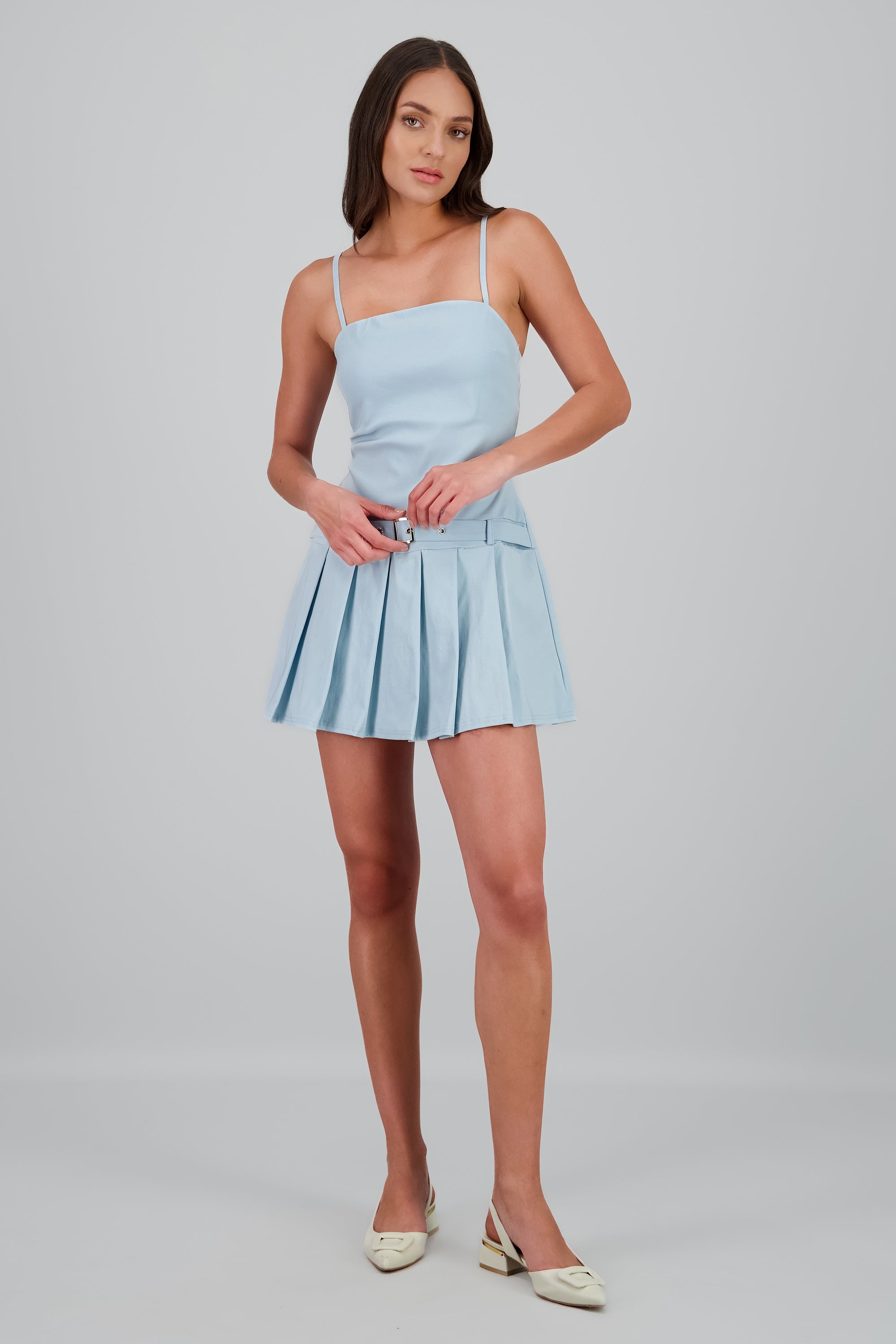 Vestido mini tableado con cinturon AZUL