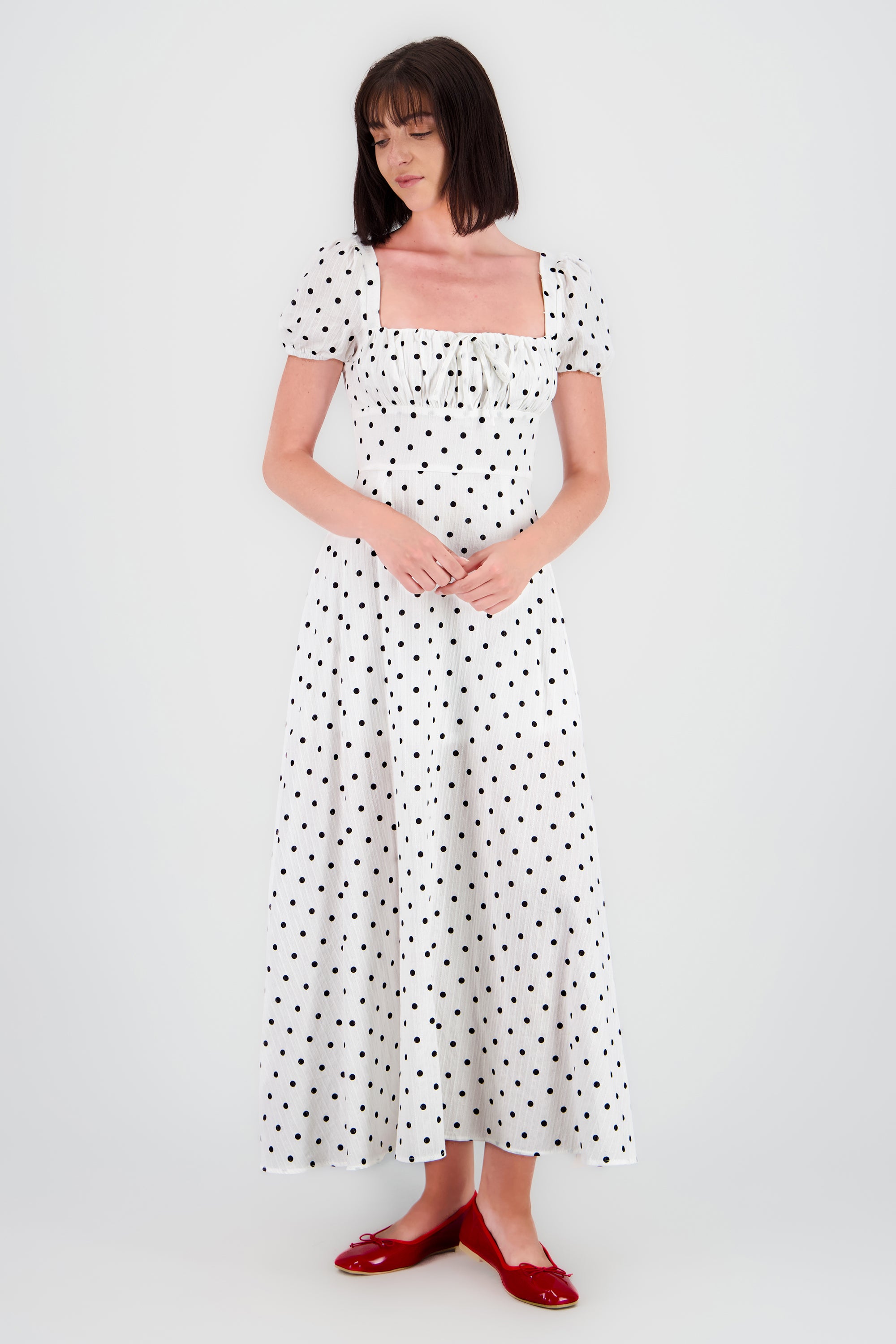 Vestido midi estampado polka BLANCO COMBO