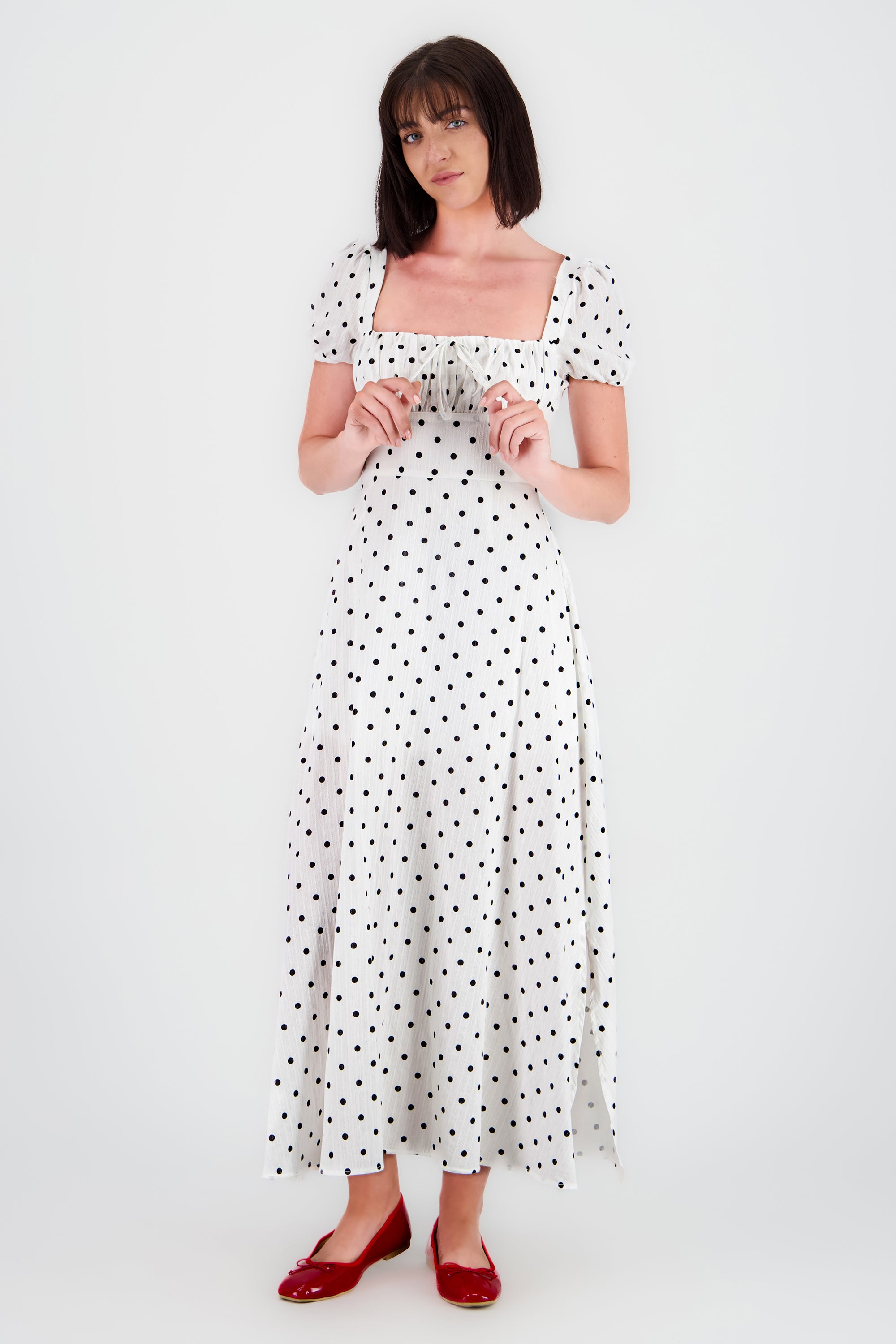 Vestido midi estampado polka BLANCO COMBO