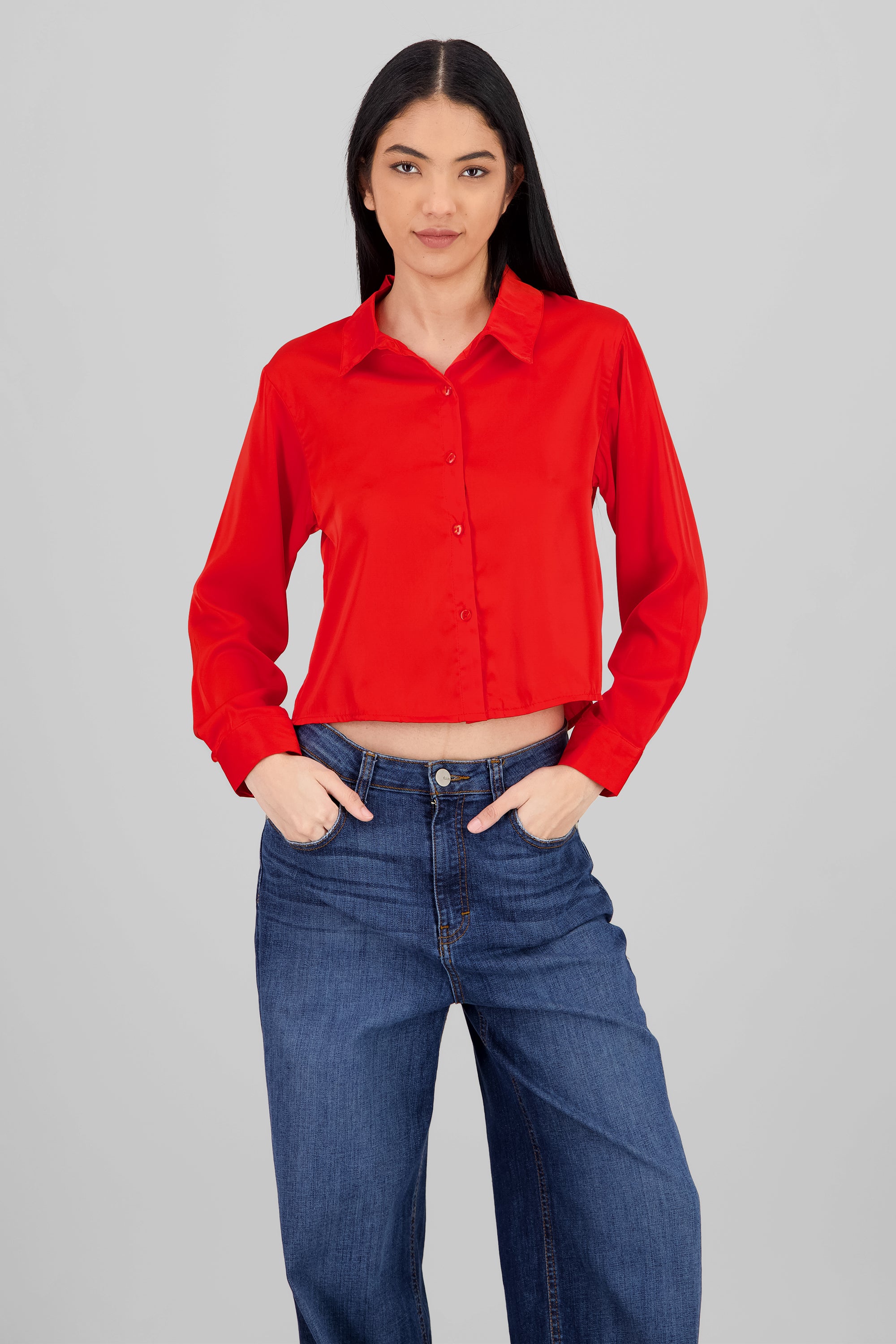 Camisa satinada lisa de manga larga ROJO