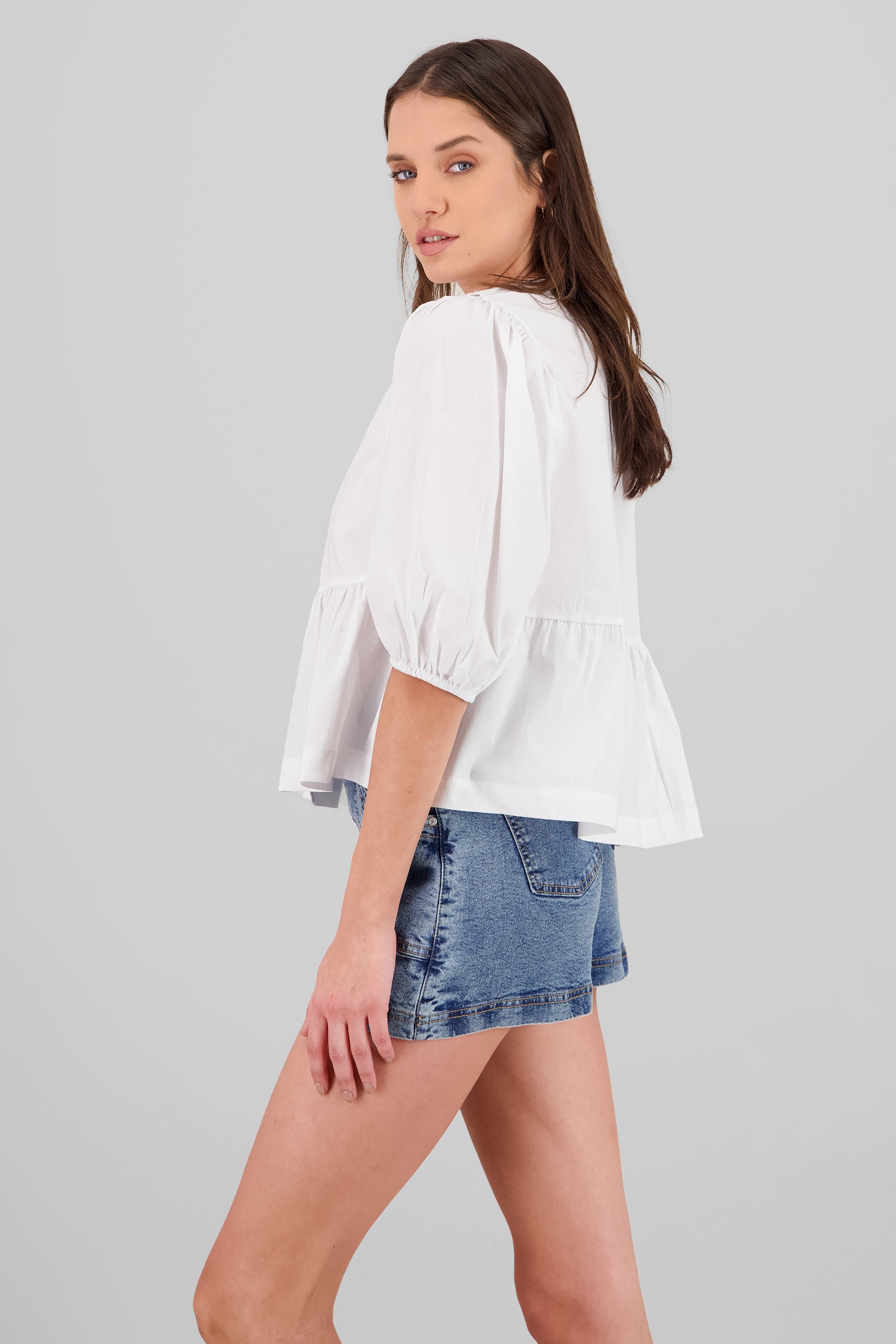 Blusa abullonada con moños lisa BLANCO