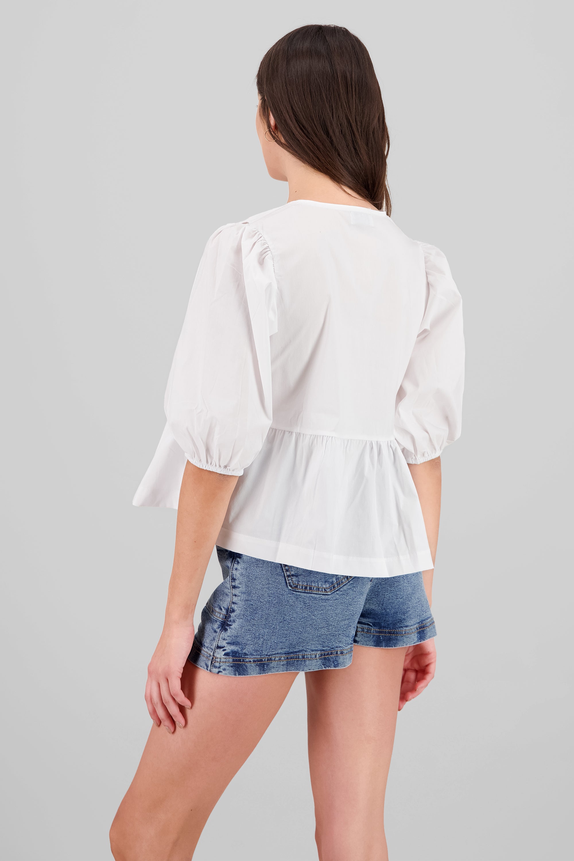 Blusa abullonada con moños lisa BLANCO