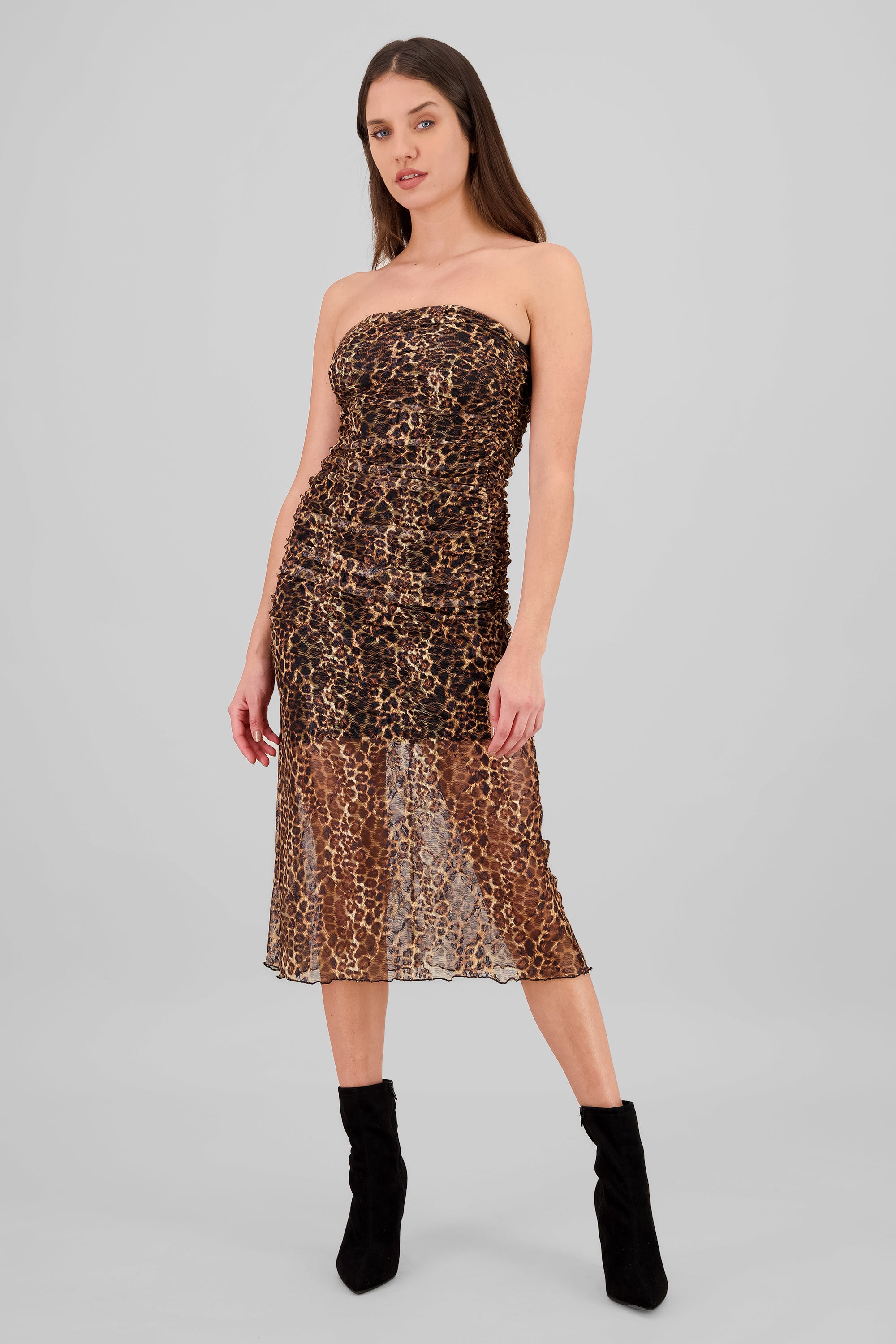 Vestido midi mesh animal print CAFE COMBO