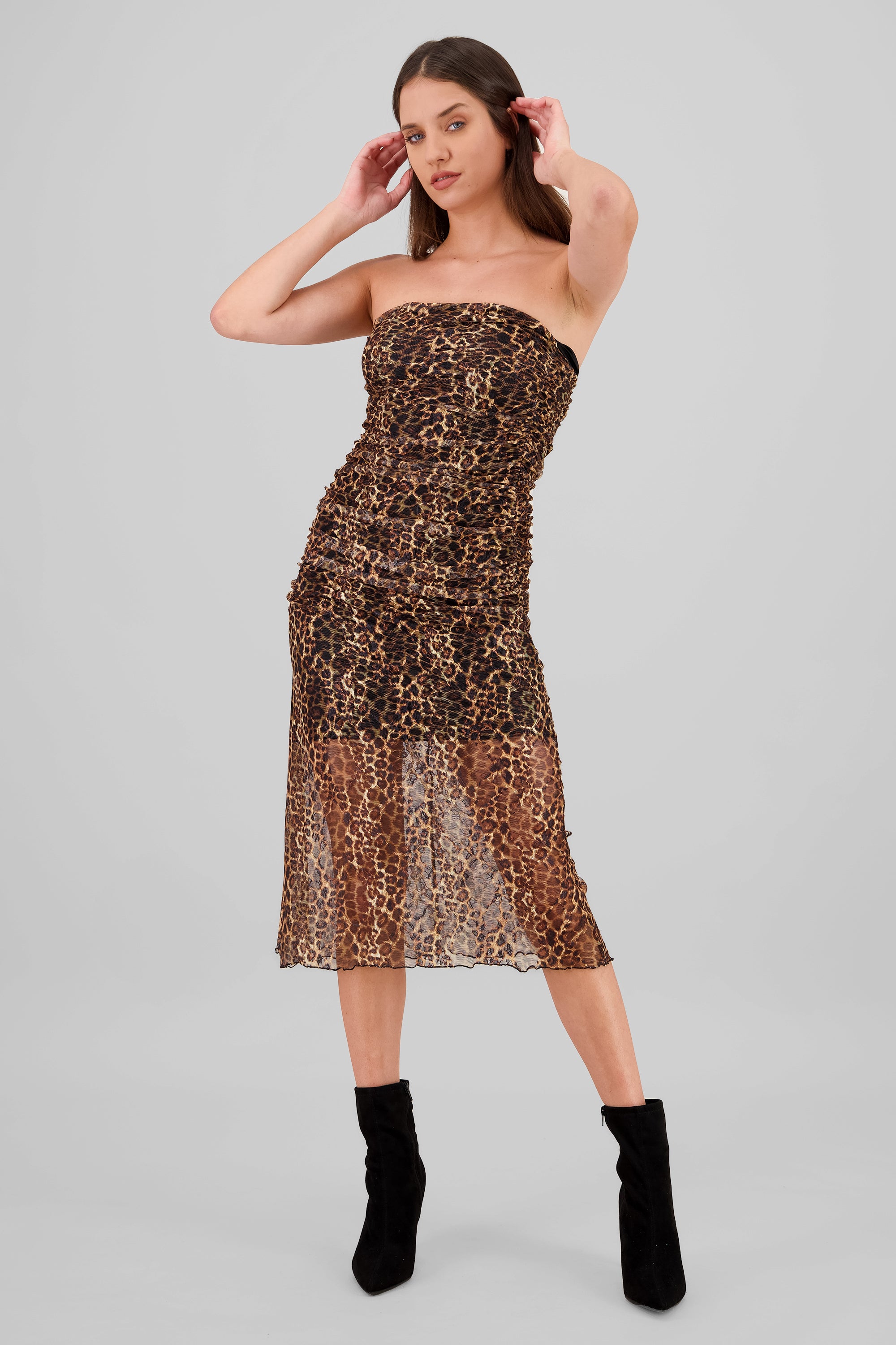 Vestido midi mesh animal print CAFE COMBO