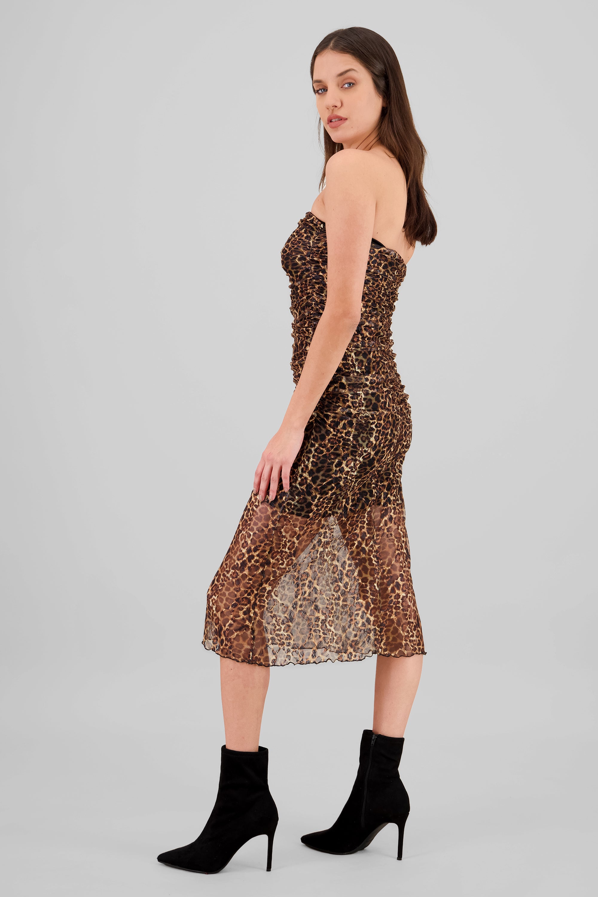 Vestido midi mesh animal print CAFE COMBO