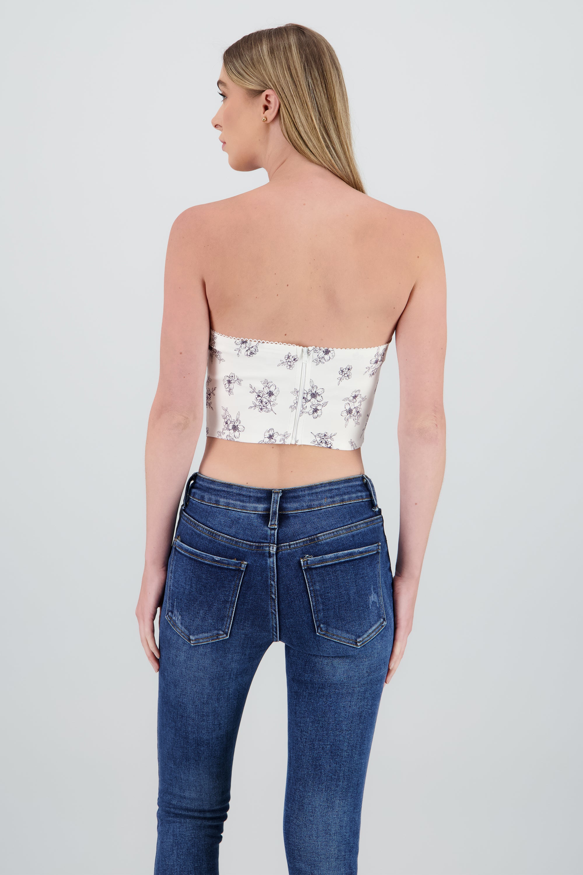 Top strapless flores con moño BLANCO COMBO