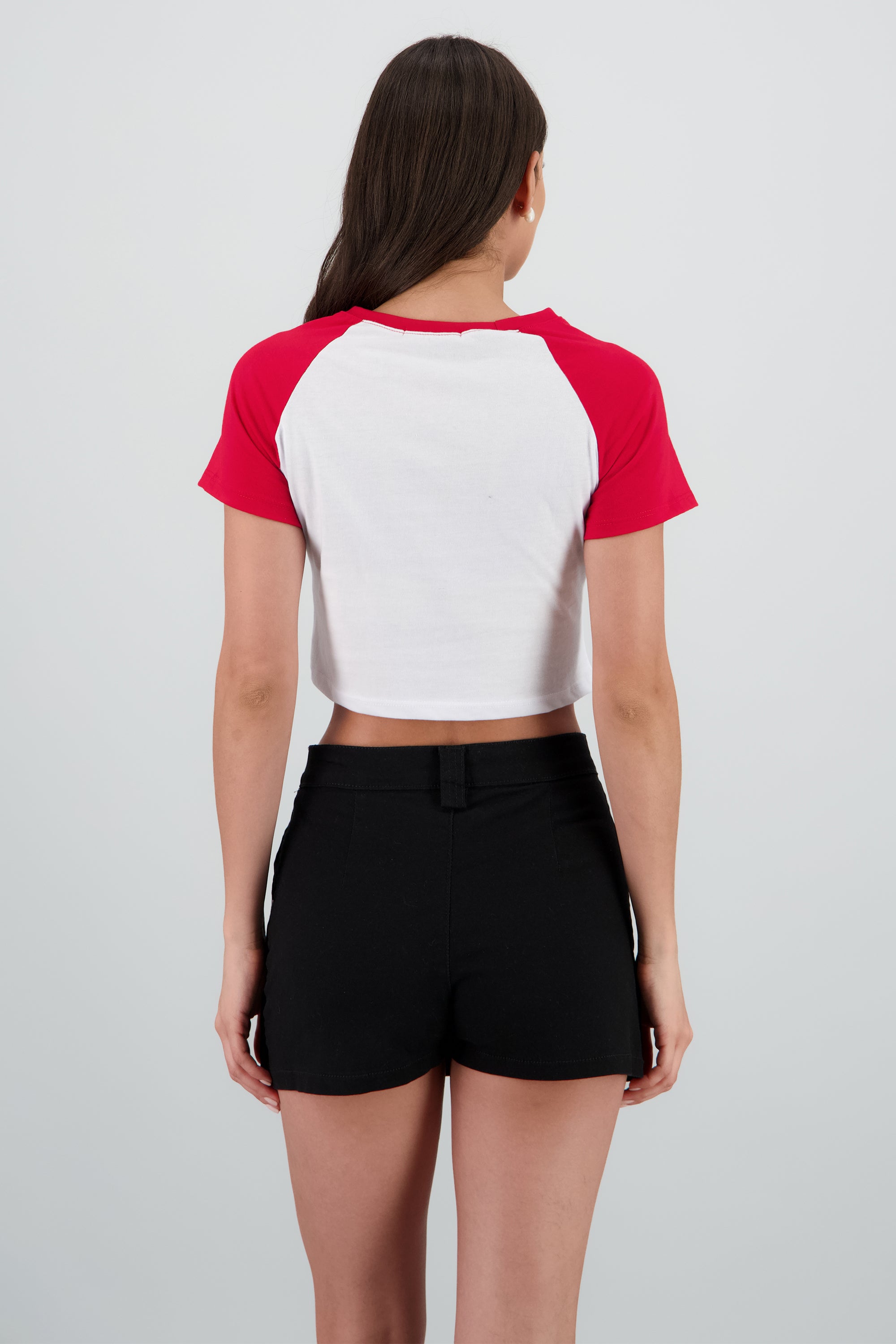 Playera crop cerezas contraste mangas ROJO COMBO