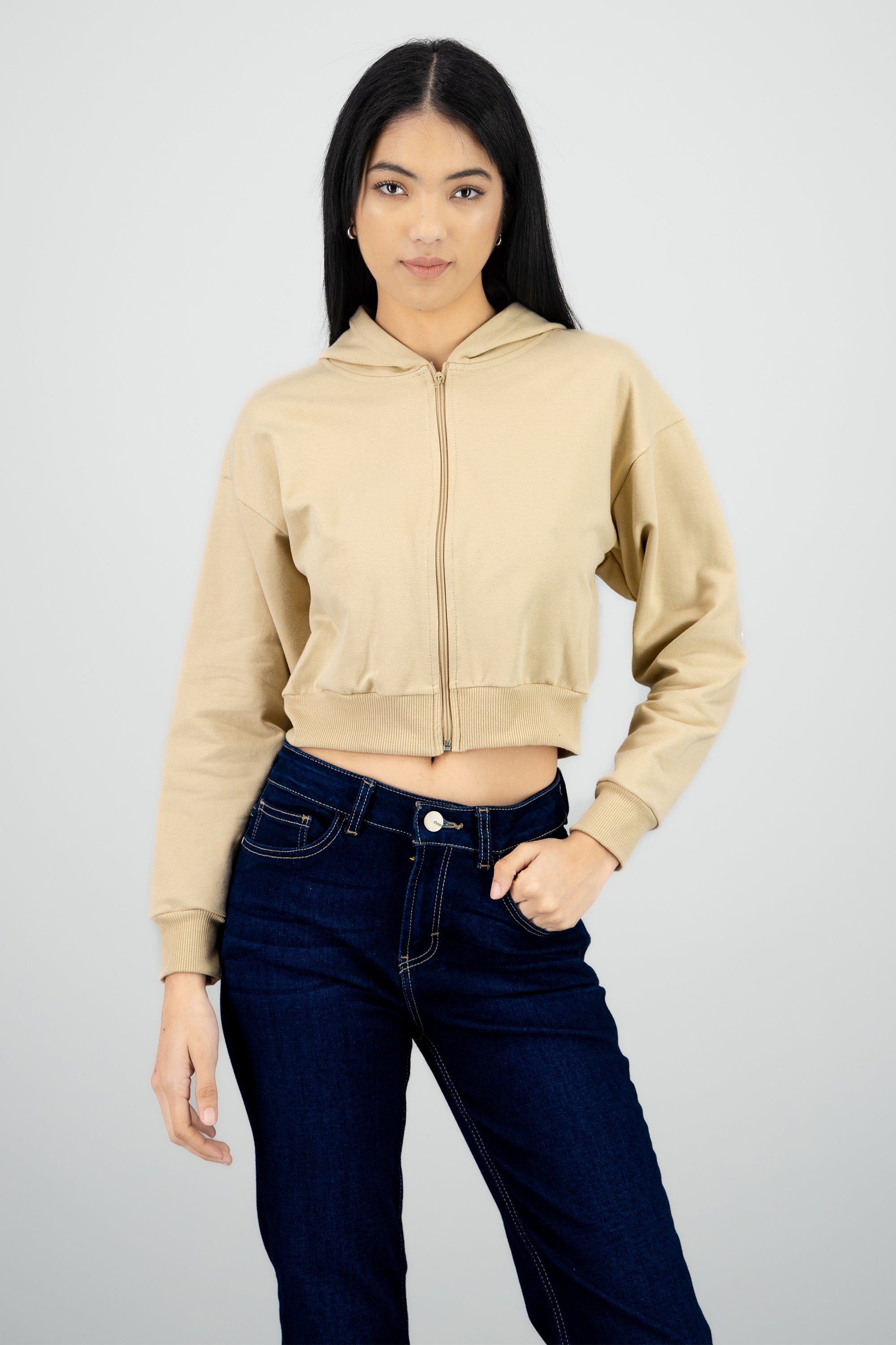 Sudadera crop cierre estampado espalda BEIGE