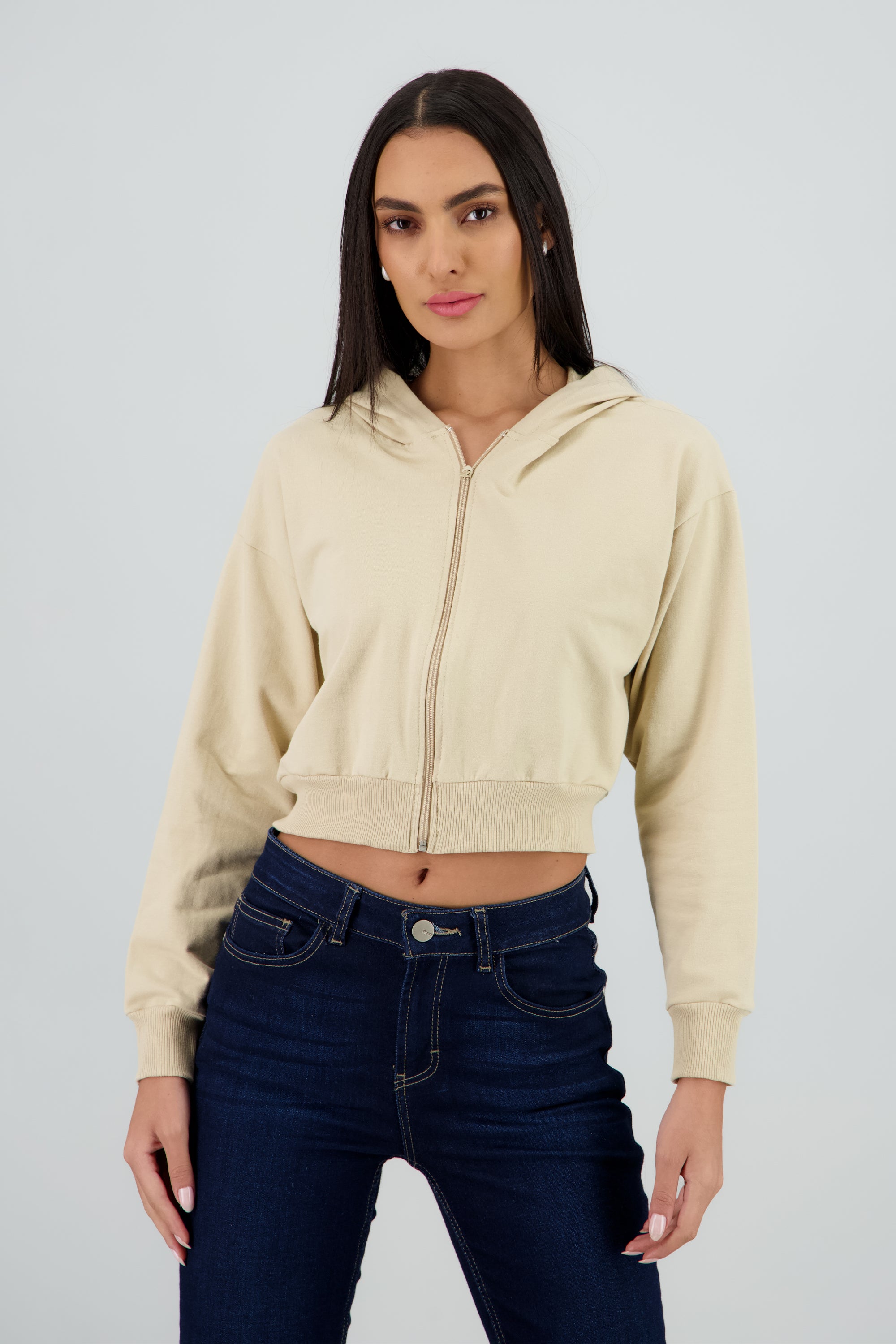 Sudadera crop cierre estampado espalda BEIGE