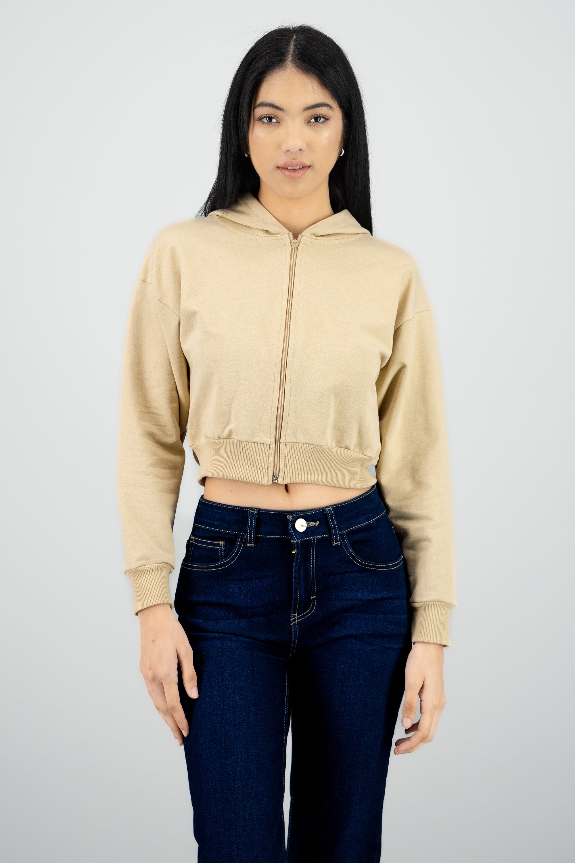 Sudadera crop cierre estampado espalda BEIGE