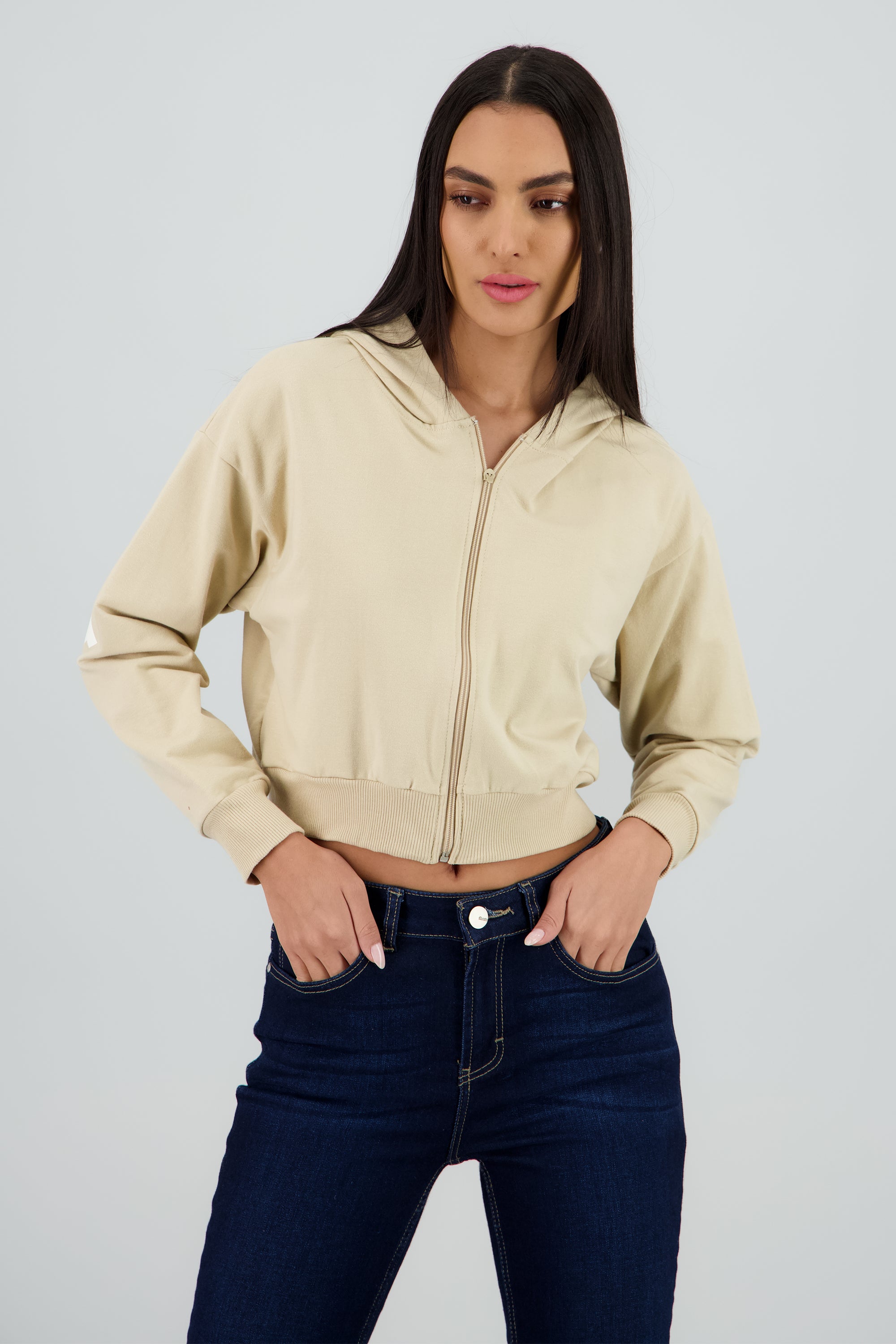 Sudadera crop cierre estampado espalda BEIGE