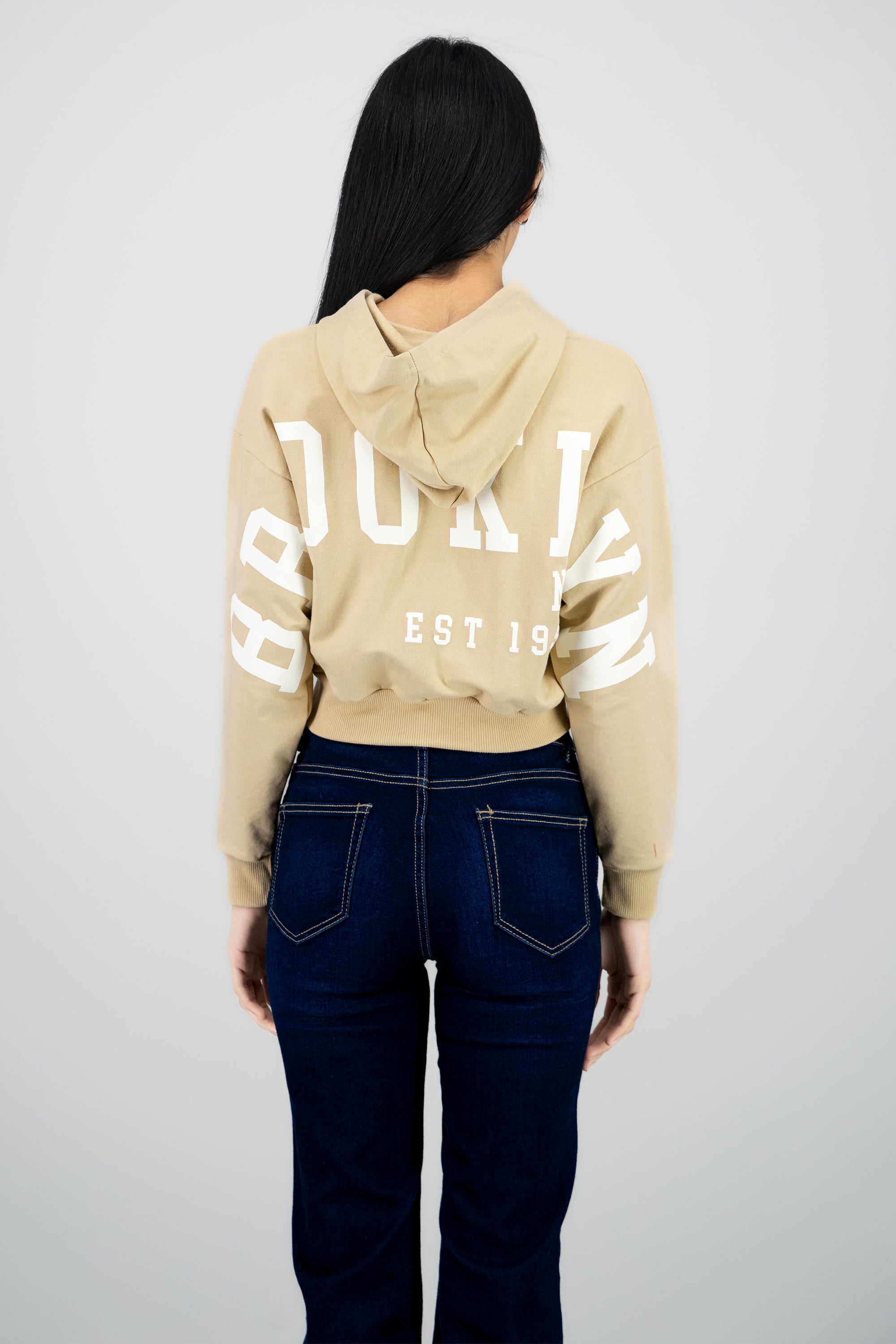 Sudadera crop cierre estampado espalda BEIGE