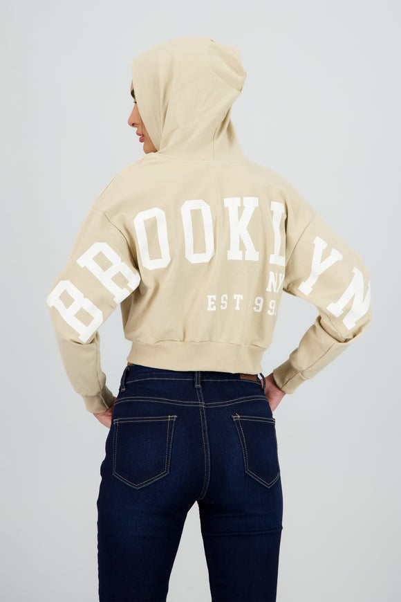 Sudadera crop cierre estampado espalda