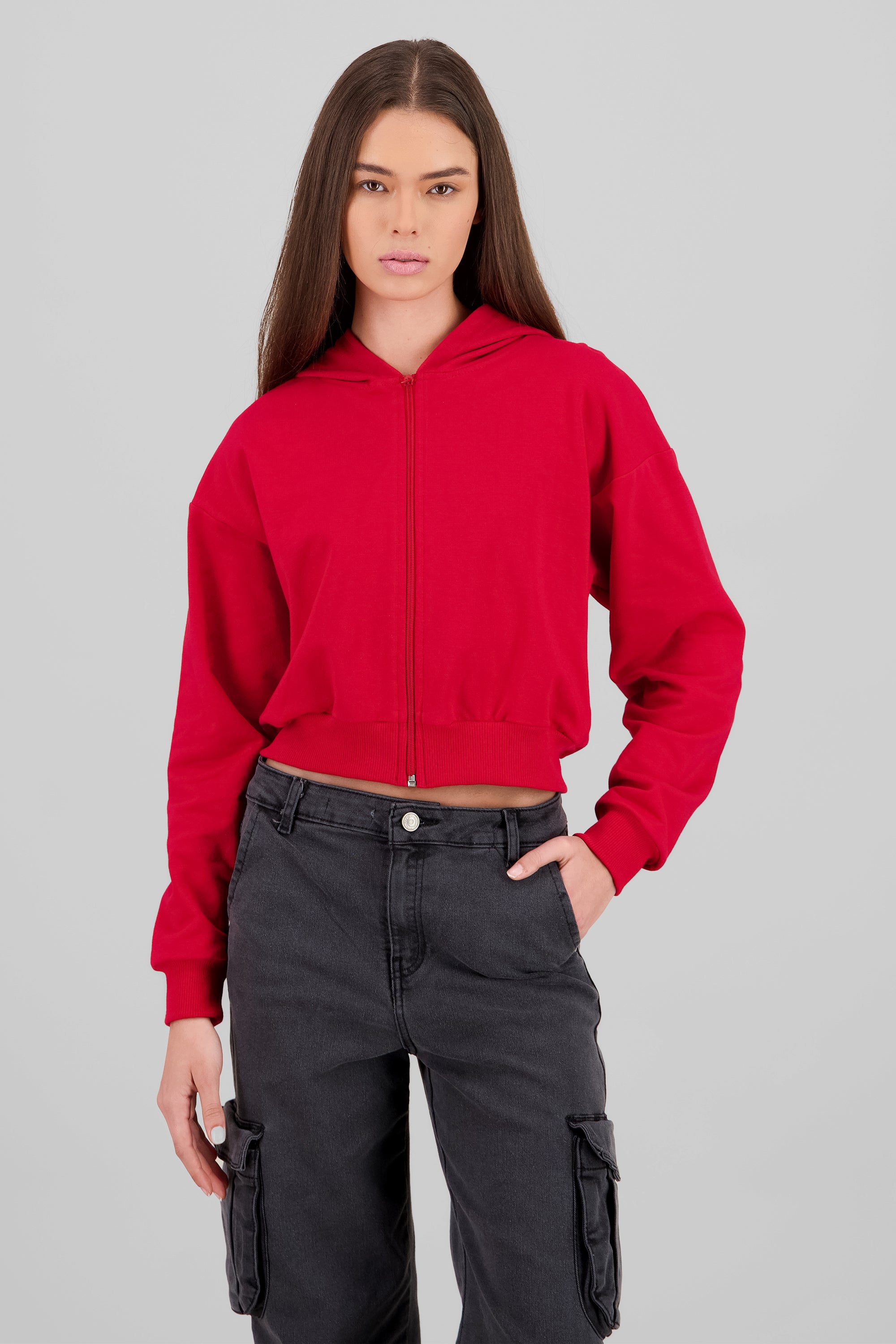 Sudadera crop cierre estampado espalda ROJO