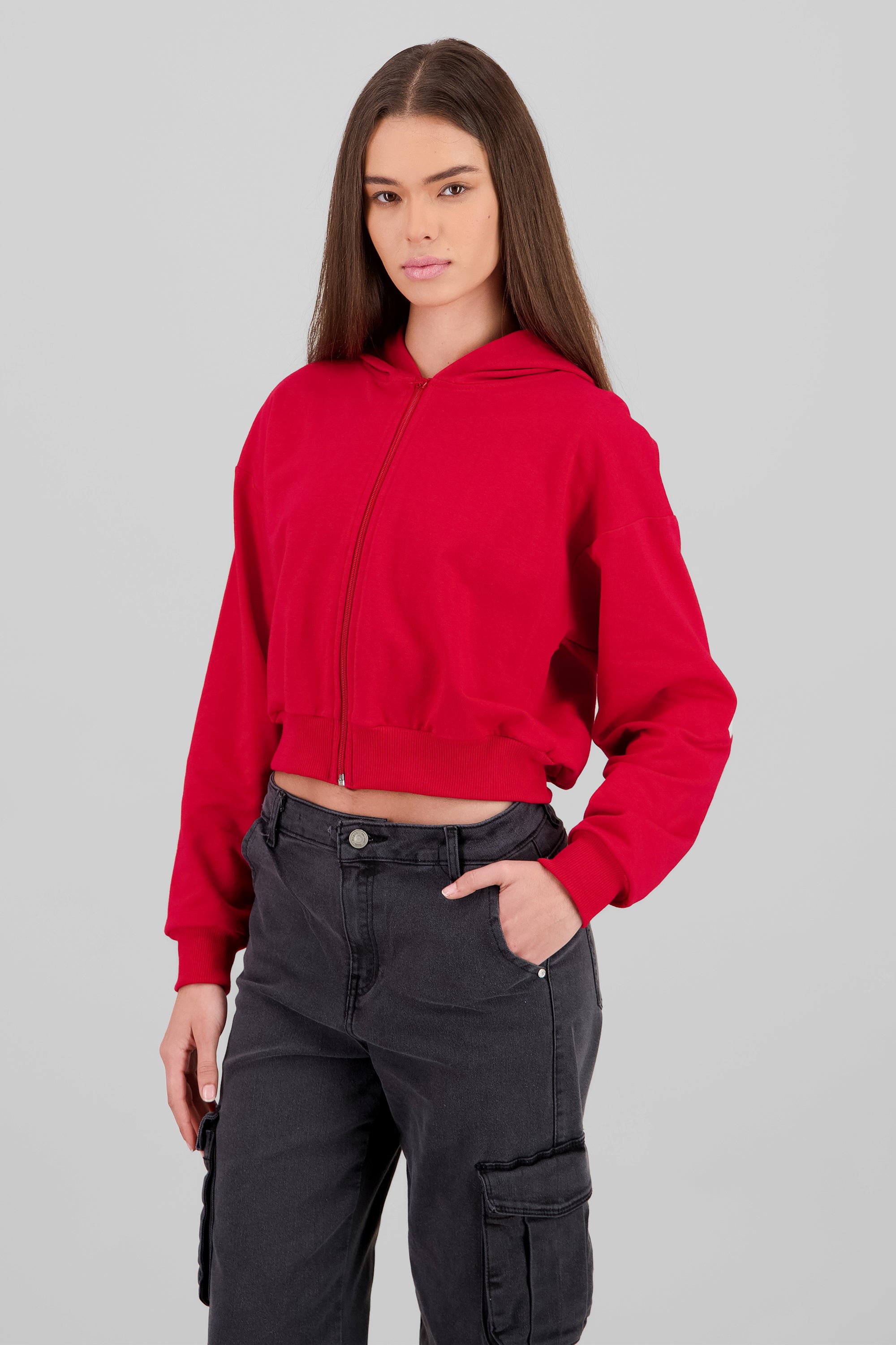 Sudadera crop cierre estampado espalda ROJO