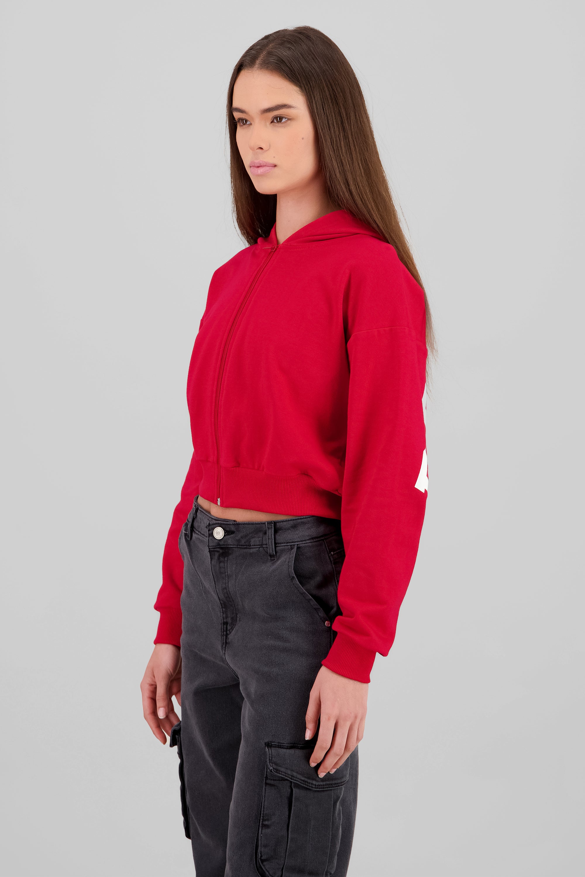 Sudadera crop cierre estampado espalda ROJO