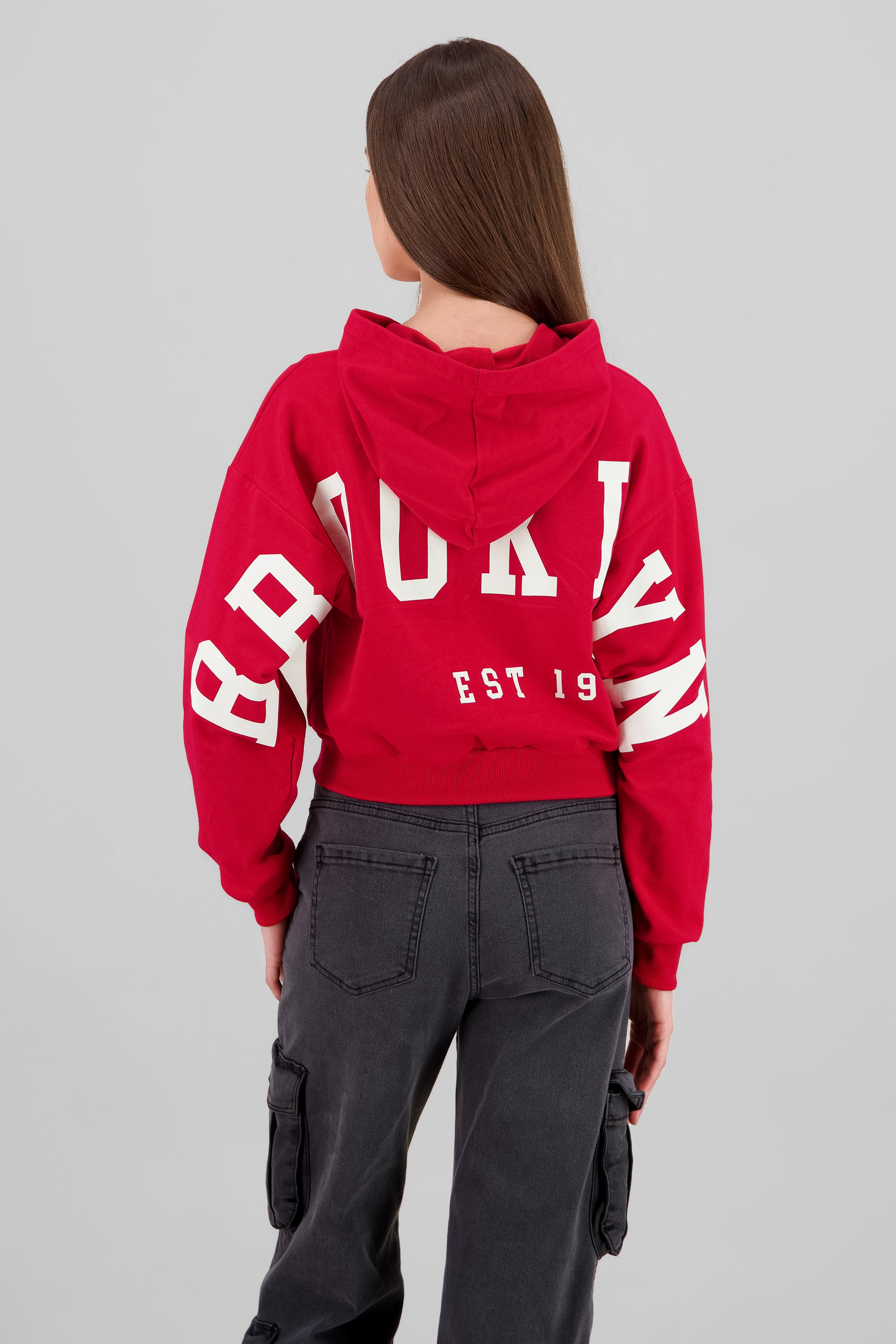 Sudadera crop cierre estampado espalda ROJO