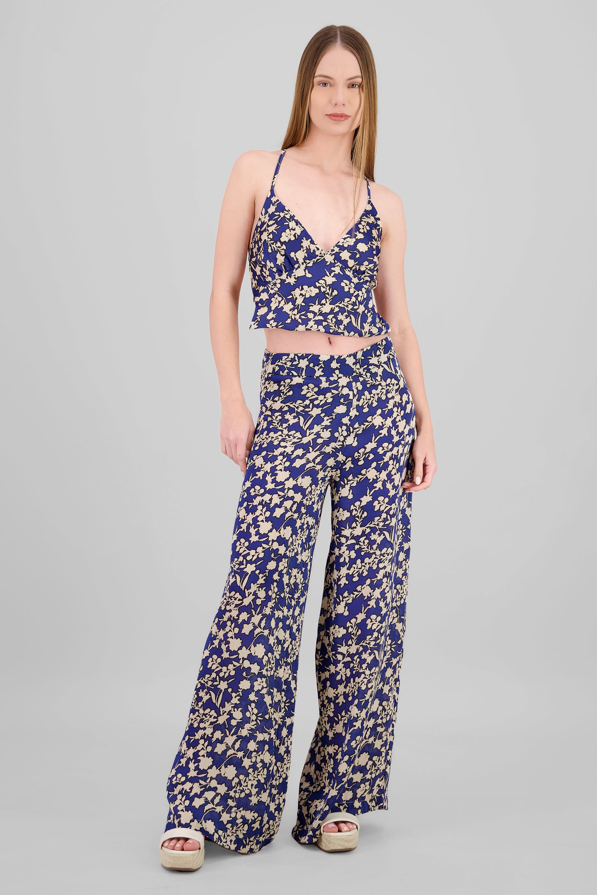 Pantalon amplio estampado flores AZUL COMBO