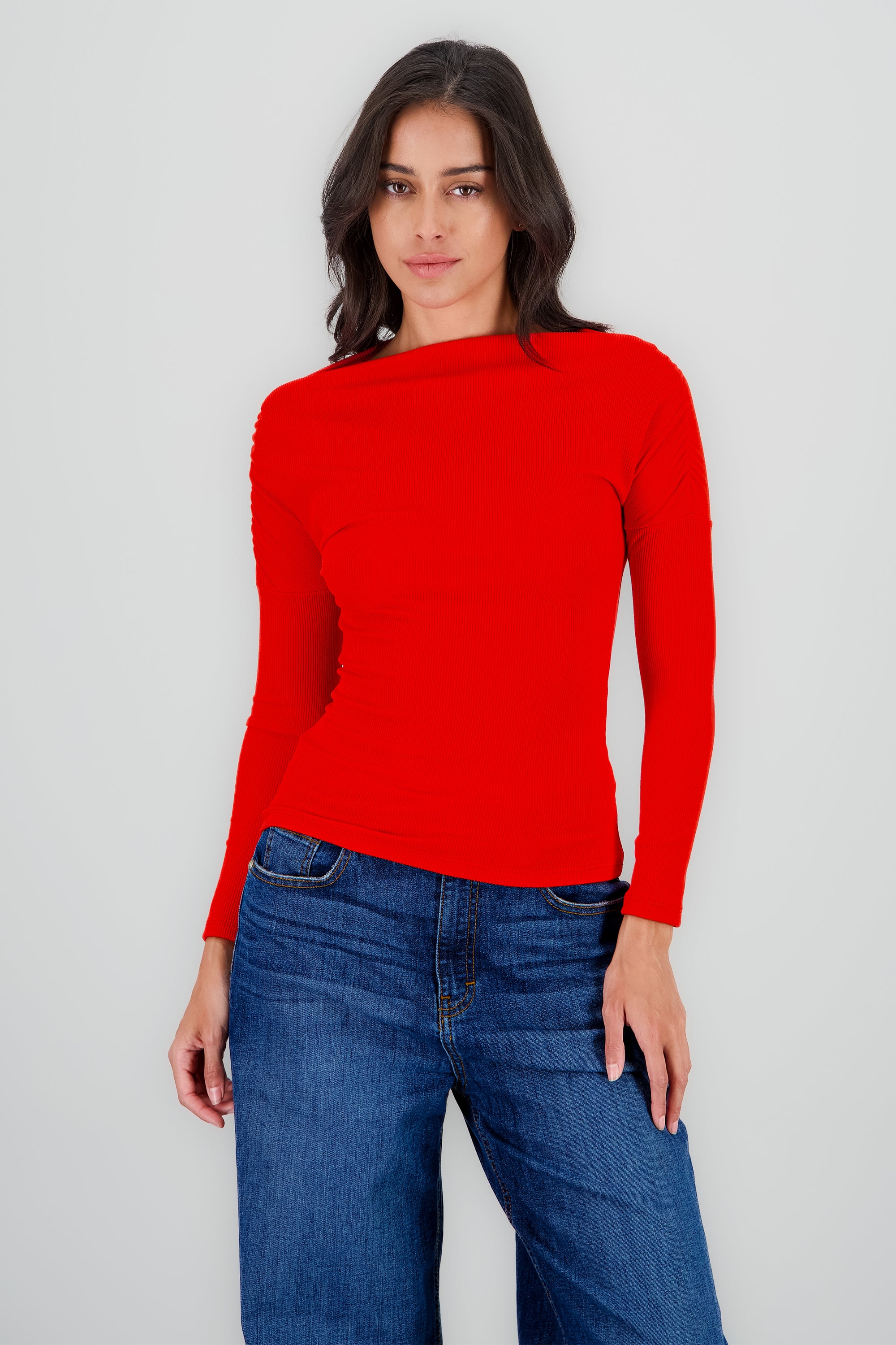 Blusa manga larga fruncida escote barco ROJO AMAPOLA