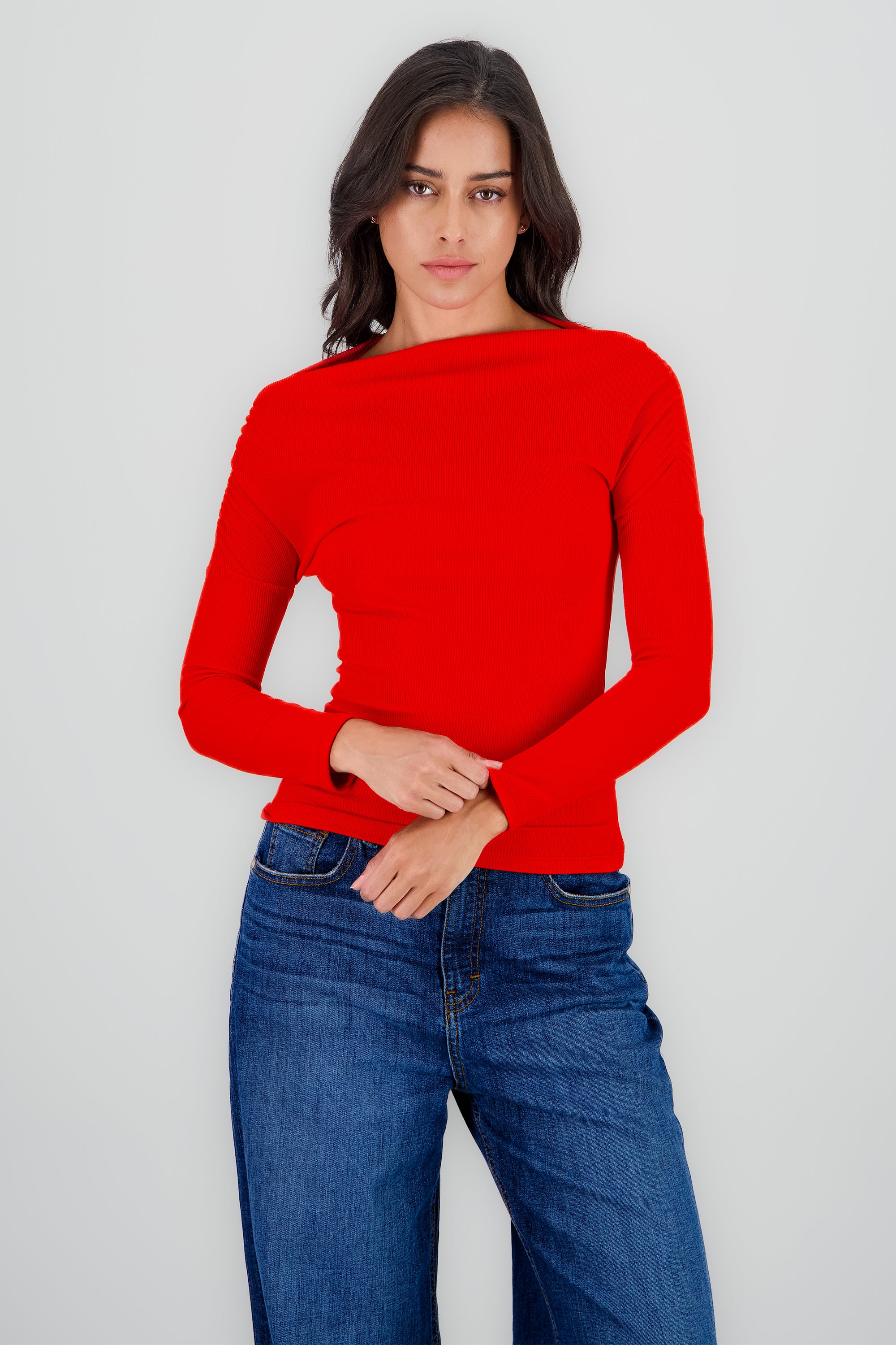 Blusa manga larga fruncida escote barco ROJO AMAPOLA