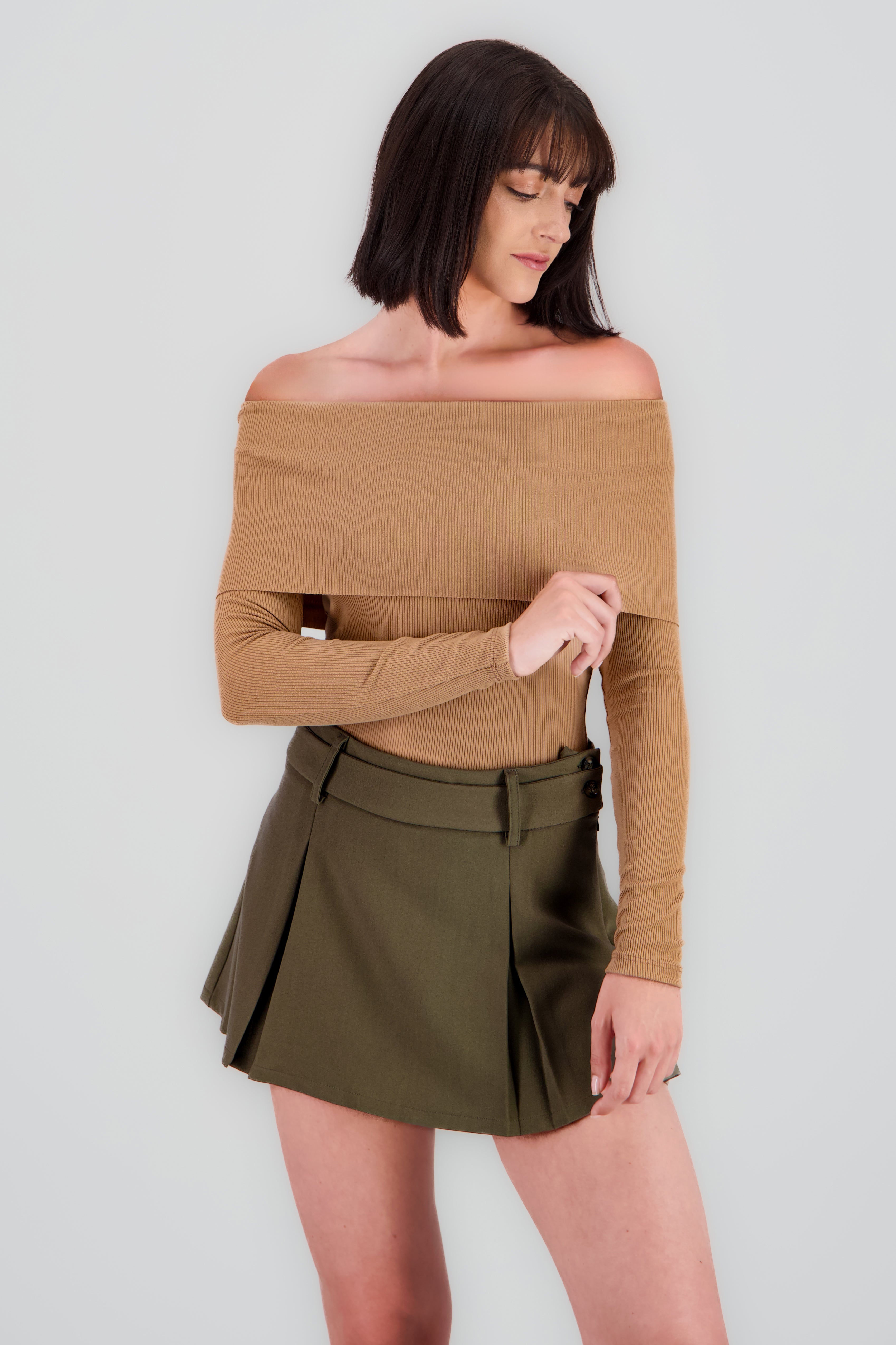 Bodysuit off shoulder manga larga rib BEIGE