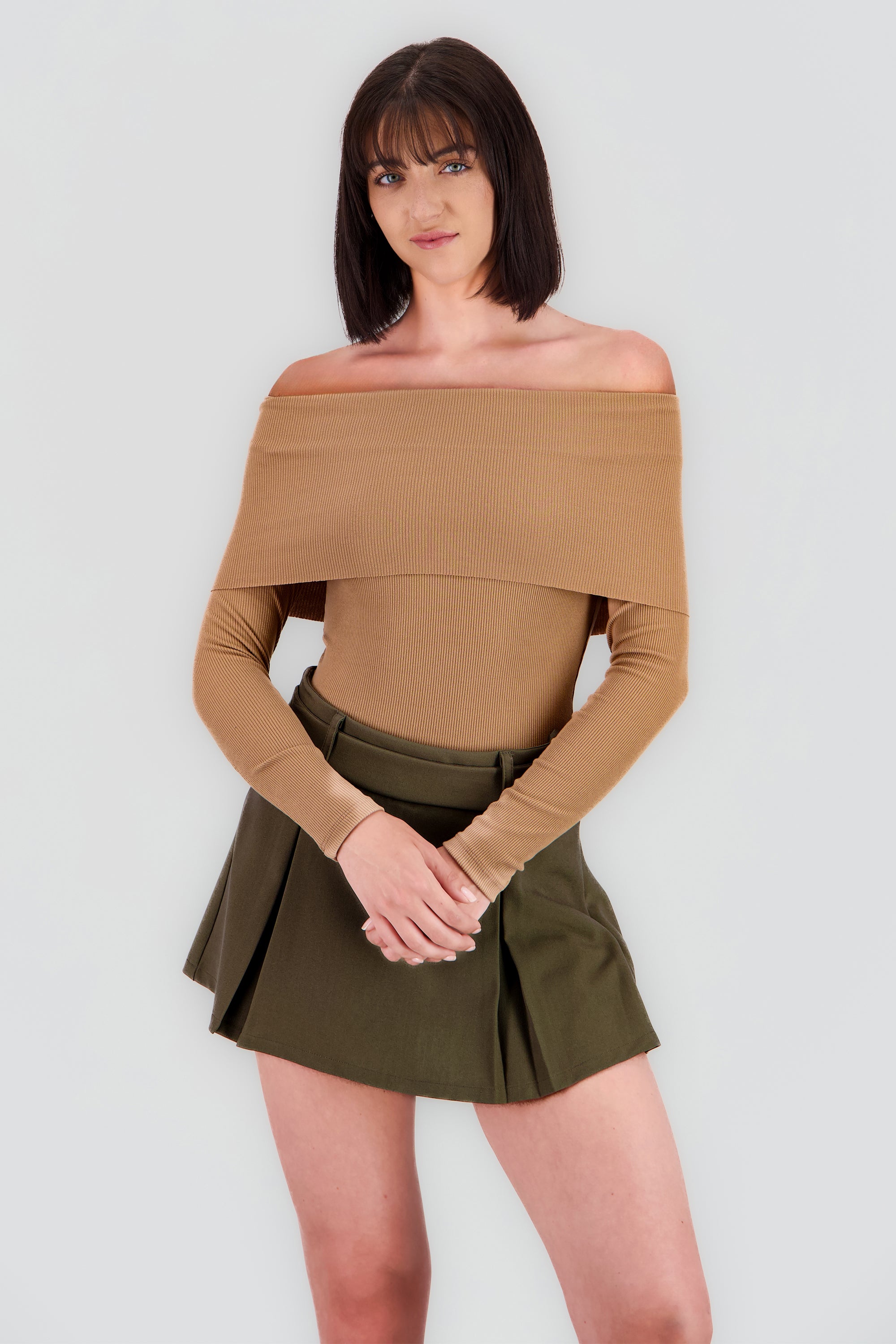 Bodysuit off shoulder manga larga rib BEIGE