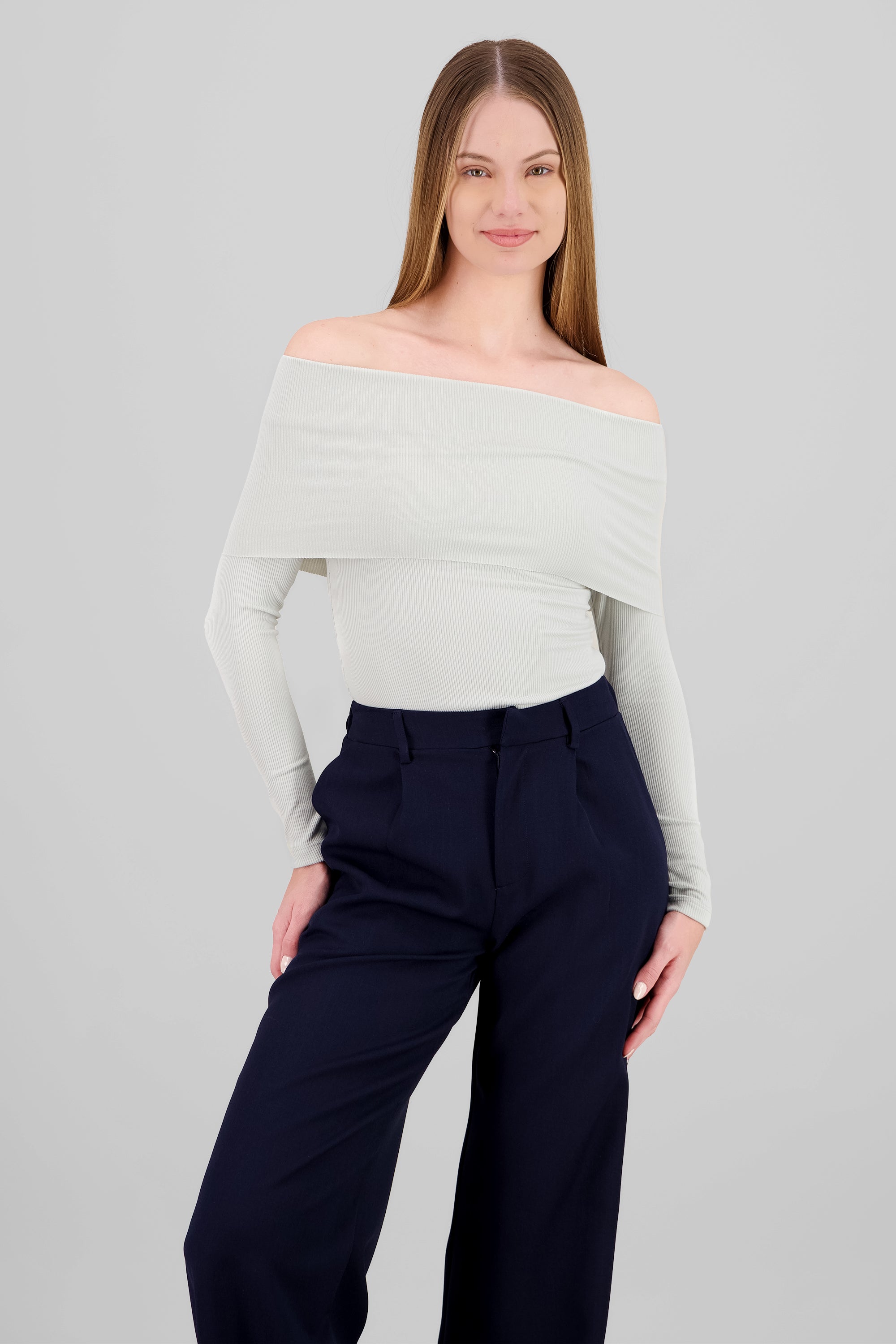 Bodysuit off shoulder manga larga rib GRIS CLARO