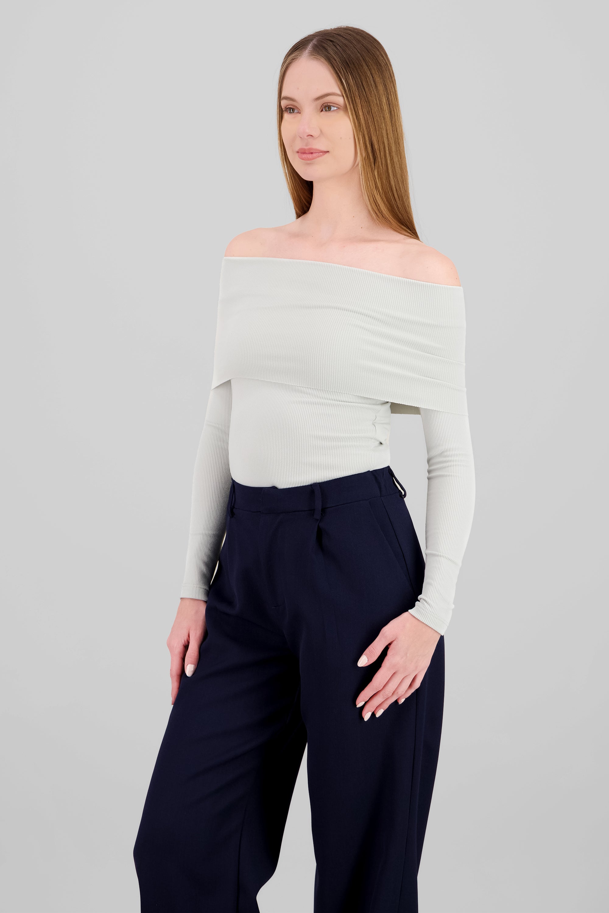 Bodysuit off shoulder manga larga rib GRIS CLARO