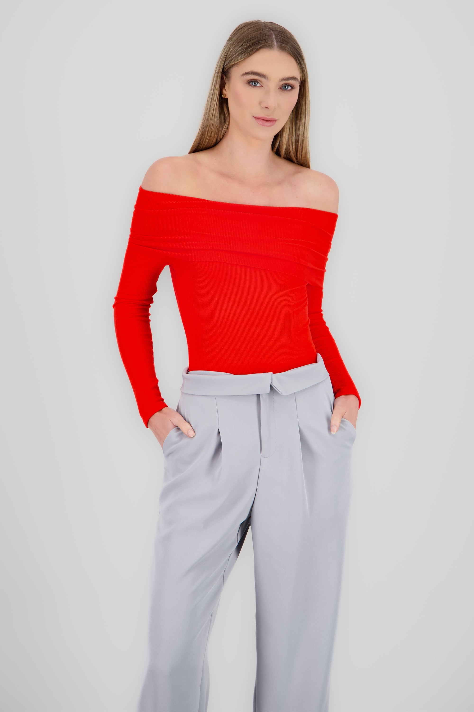 Bodysuit off shoulder manga larga rib ROJO AMAPOLA